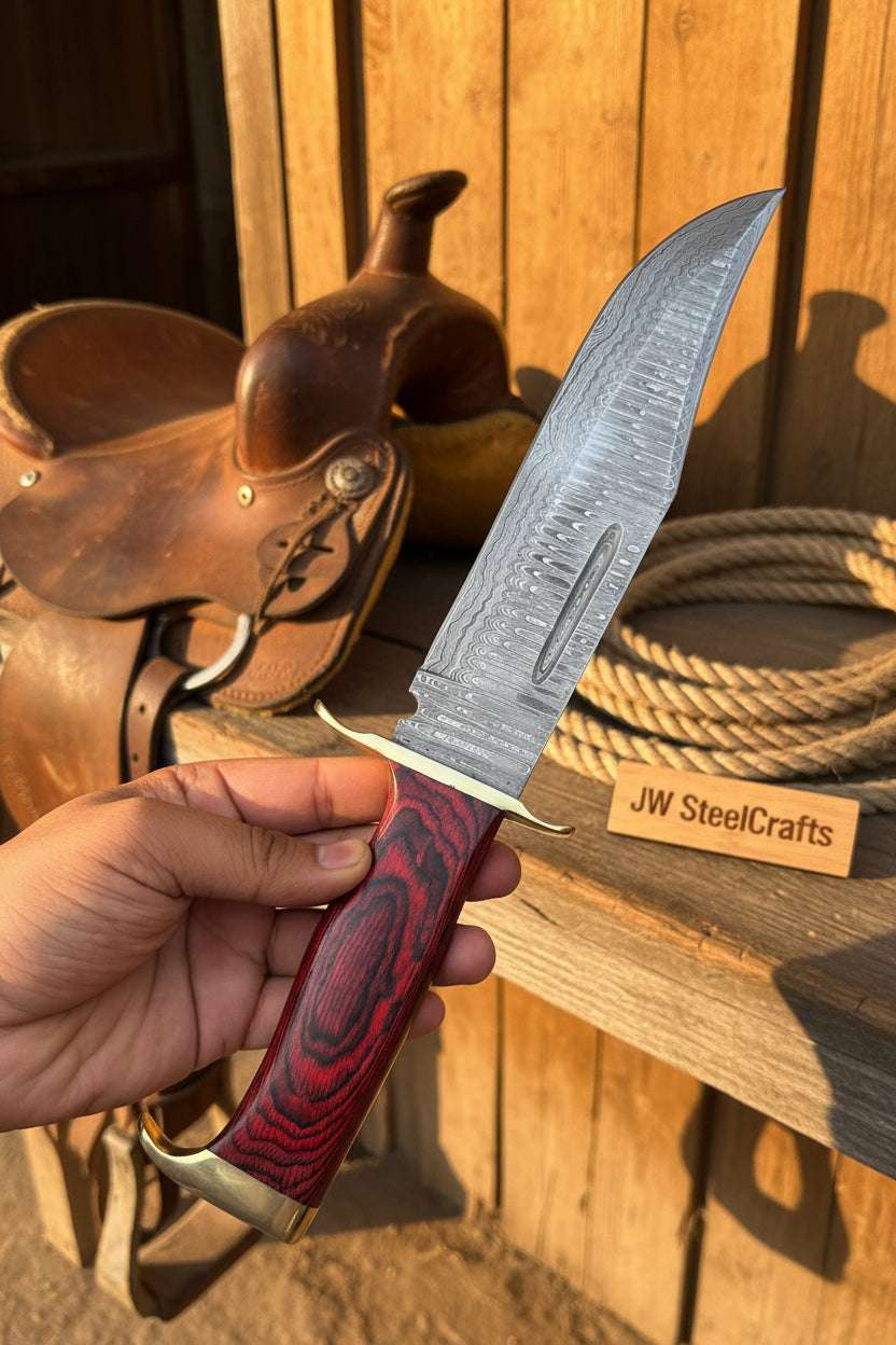 Palmarius Outdoors Handmade Damascus Clip Point Bowie Utility Knife Fixed Blade Pakka Wood Handle with Guard
