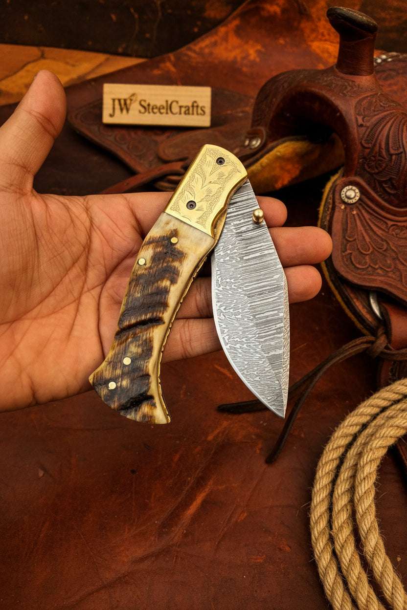 Palmarius Outdoors Stagline Damascus Folder 7" Handmade Horn Handle Damascus Bolster Folding Knife