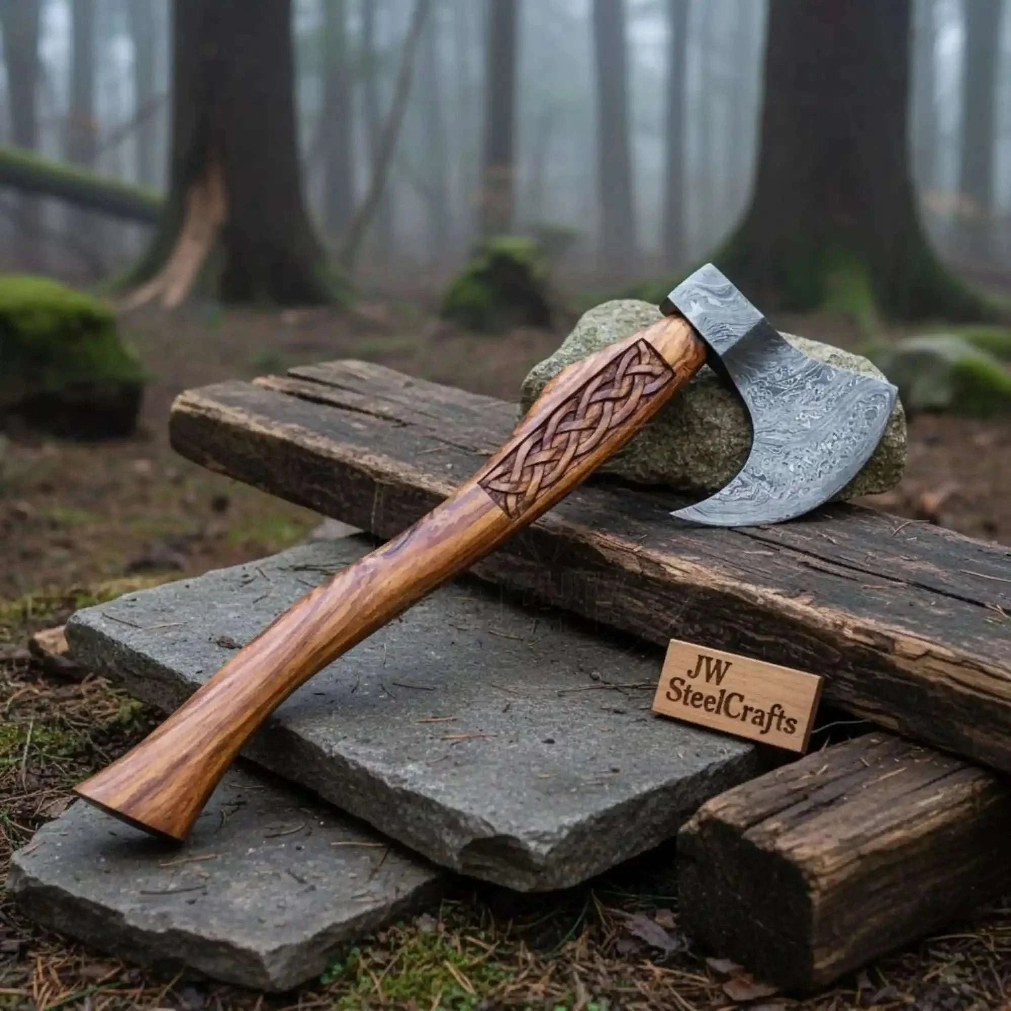 Palmarius Outdoors Fellmark Steel Camp Axe with Carved Nordic Knotwork Rosewood Handle Handmade Axe
