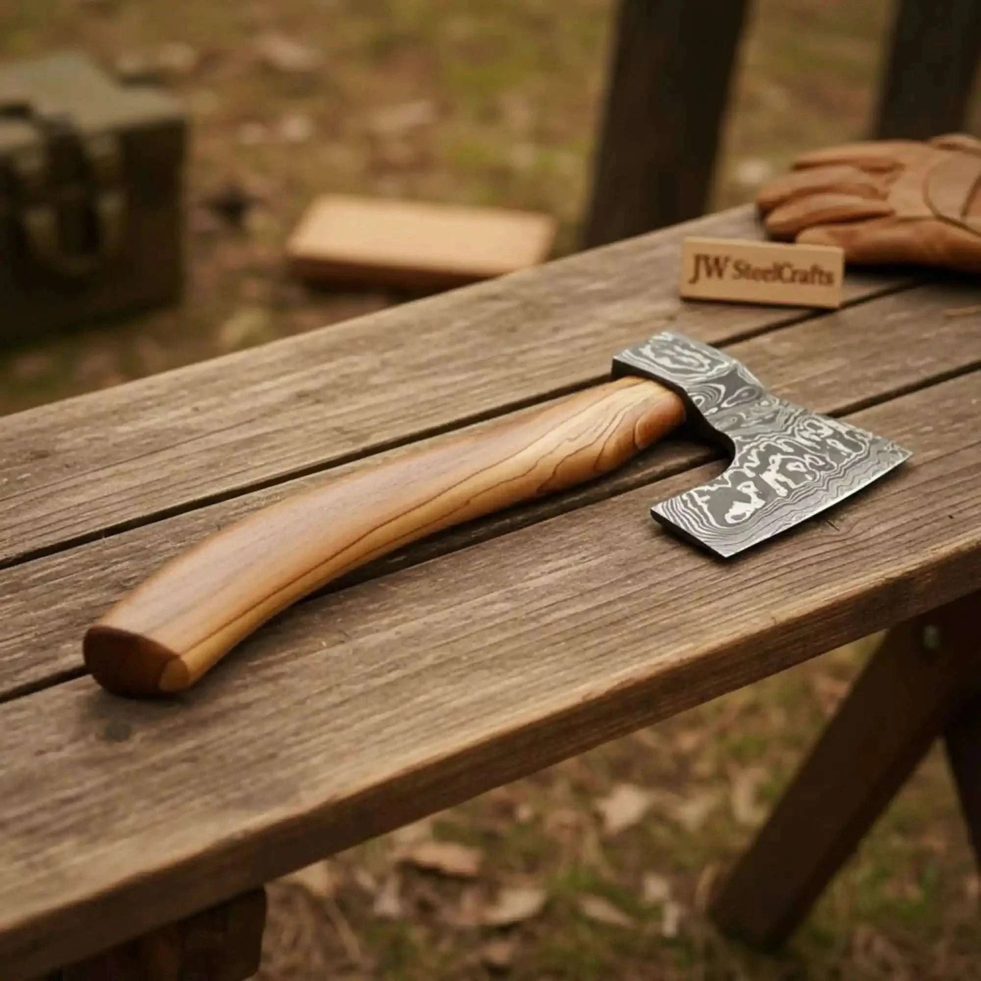 Palmarius Outdoors Hand-Forged Damascus Bearded Bushcraft Hatchet with Hardwood Handle Handmade Axe