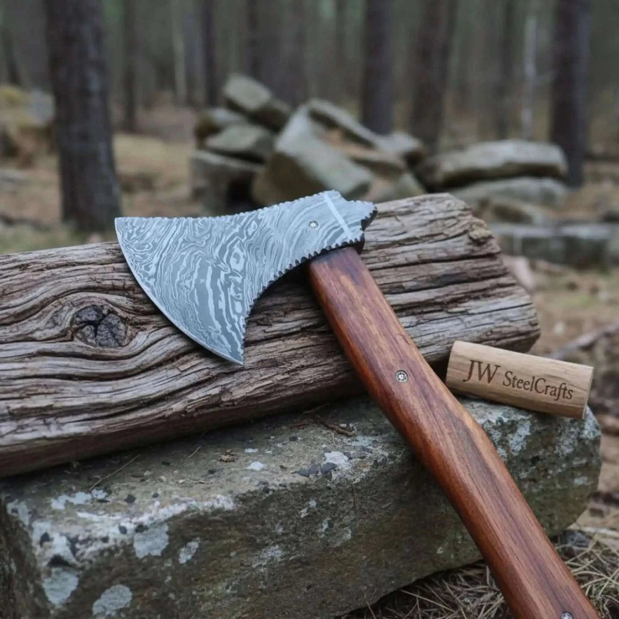 Palmarius Outdoors Hand Forged Bushcraft Chopping Axe, Damascus Blade + Ergonomic Curved Handle Handmade Axe