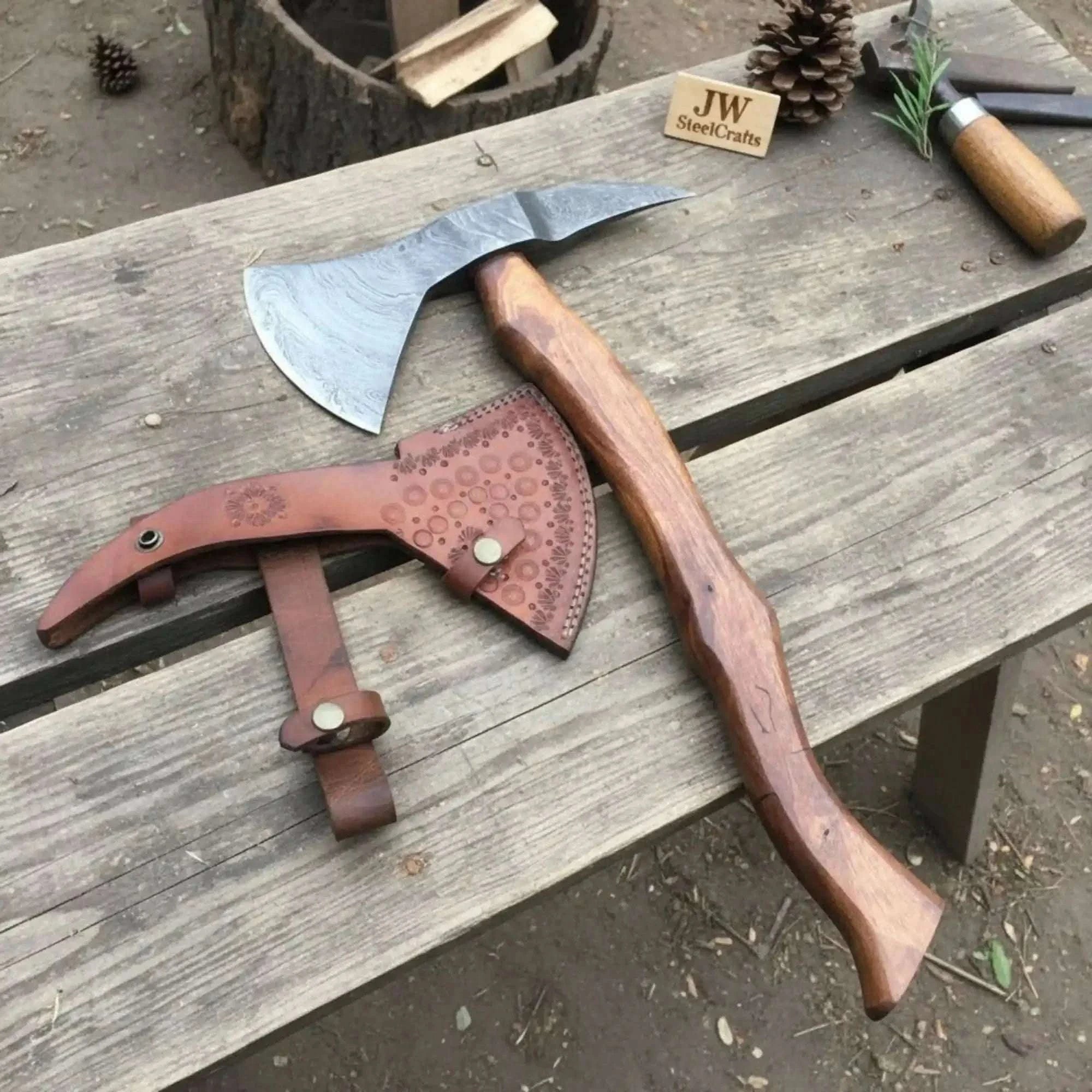 Palmarius Outdoors Damascus Bearded Spike Tomahawk with Forged Spike Poll Handmade Axe