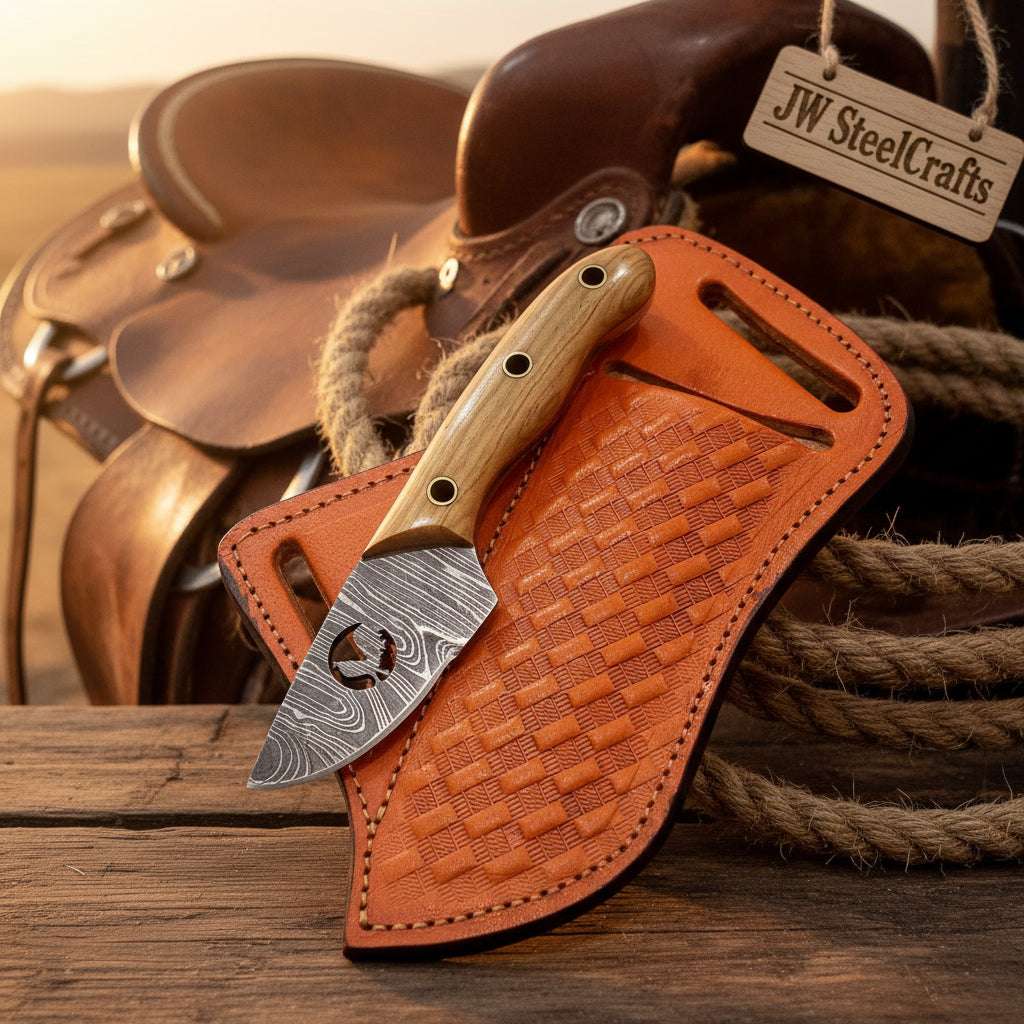 Palmarius Outdoors Olive Wood Bull Cutout Ranch Knife 5" Handmade Damascus Steel Olive Wood handle