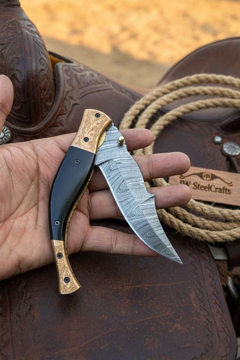 Palmarius Outdoors Hidewood Skinner Folder Knife 8" Handmade Damascus Micarta Handle Back Lock Folder