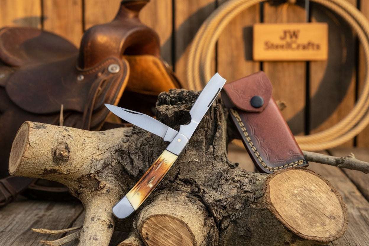 Palmarius Outdoors Razor Trapper Knife with Burned Bone Handle and Steel Bolsters Trapper Knives
