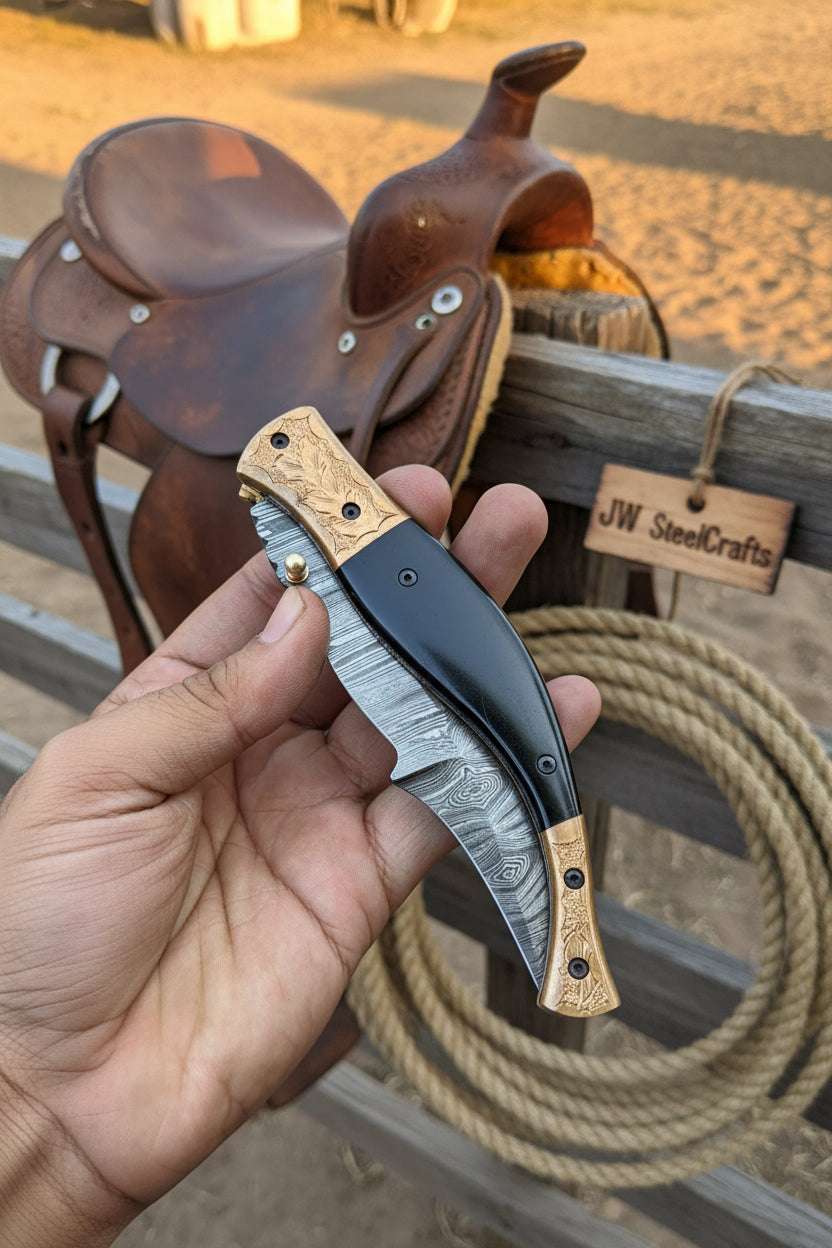 Palmarius Outdoors Hidewood Skinner Folder Knife 8" Handmade Damascus Micarta Handle Back Lock Folder