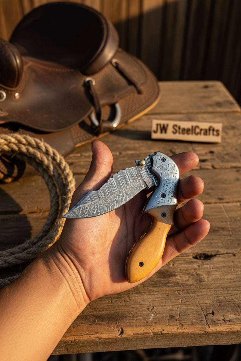 Palmarius Outdoors Honeywood Hawkbill Folder Knife 8" Handmade Wood Handle Damascus Blade Folding Knife