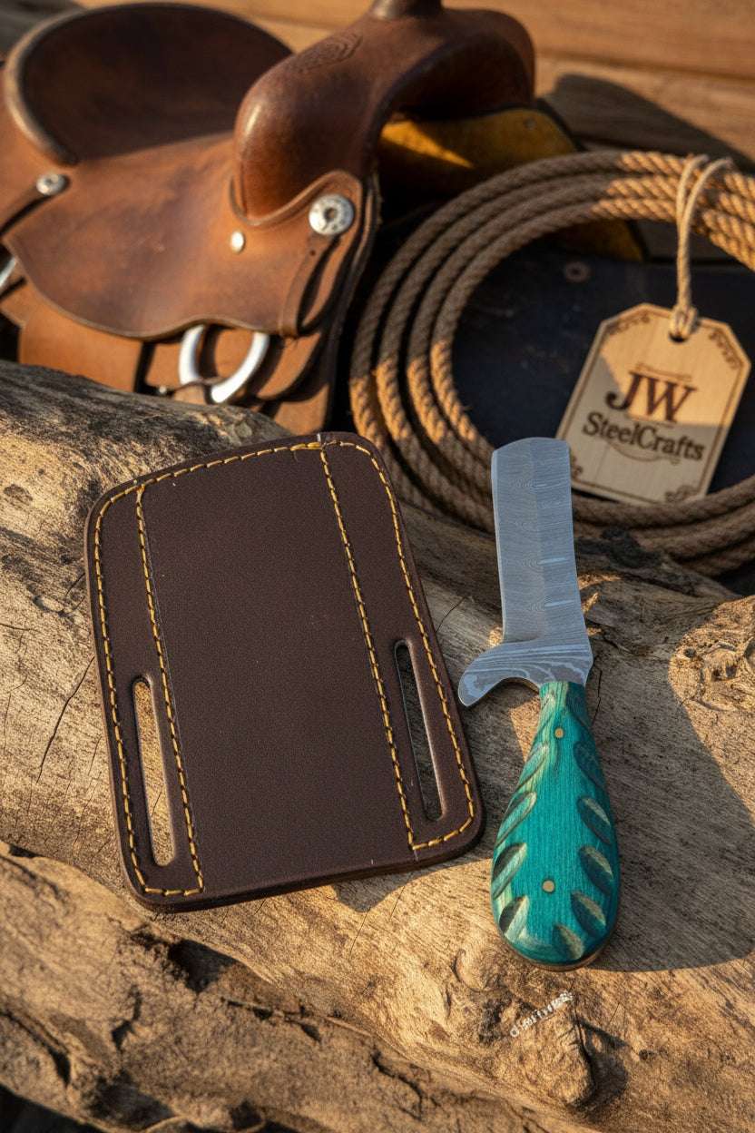 Palmarius Outdoors Emerald Pine Bull Cutter 7" Handmade Etched Damascus Pine Bull Cutter Knives Set