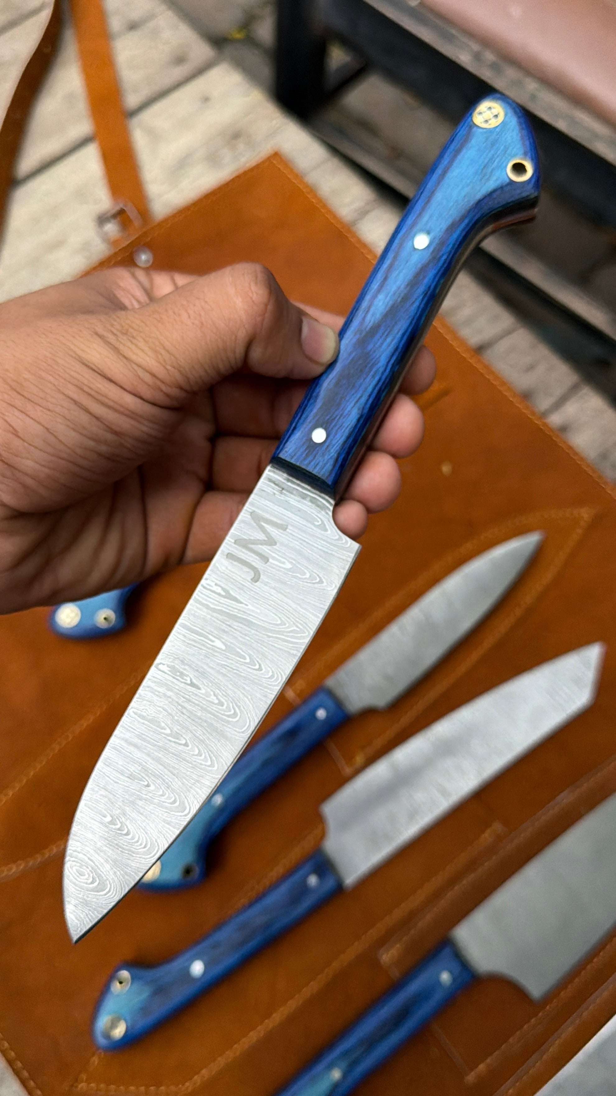 Palmarius Outdoors 9-Piece Damascus Kitchen Knife Set with Leather Roll and Blue Pakka Wood Handles Handmade Chef Knife Sets