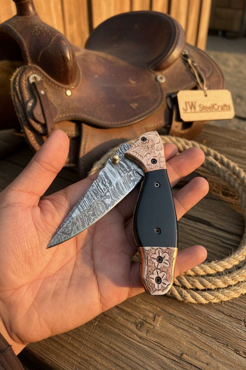 Palmarius Outdoors Duskhorn Damascus Folder 7.5" Handmade Micarta Handle Horn Bolster Folding Knife