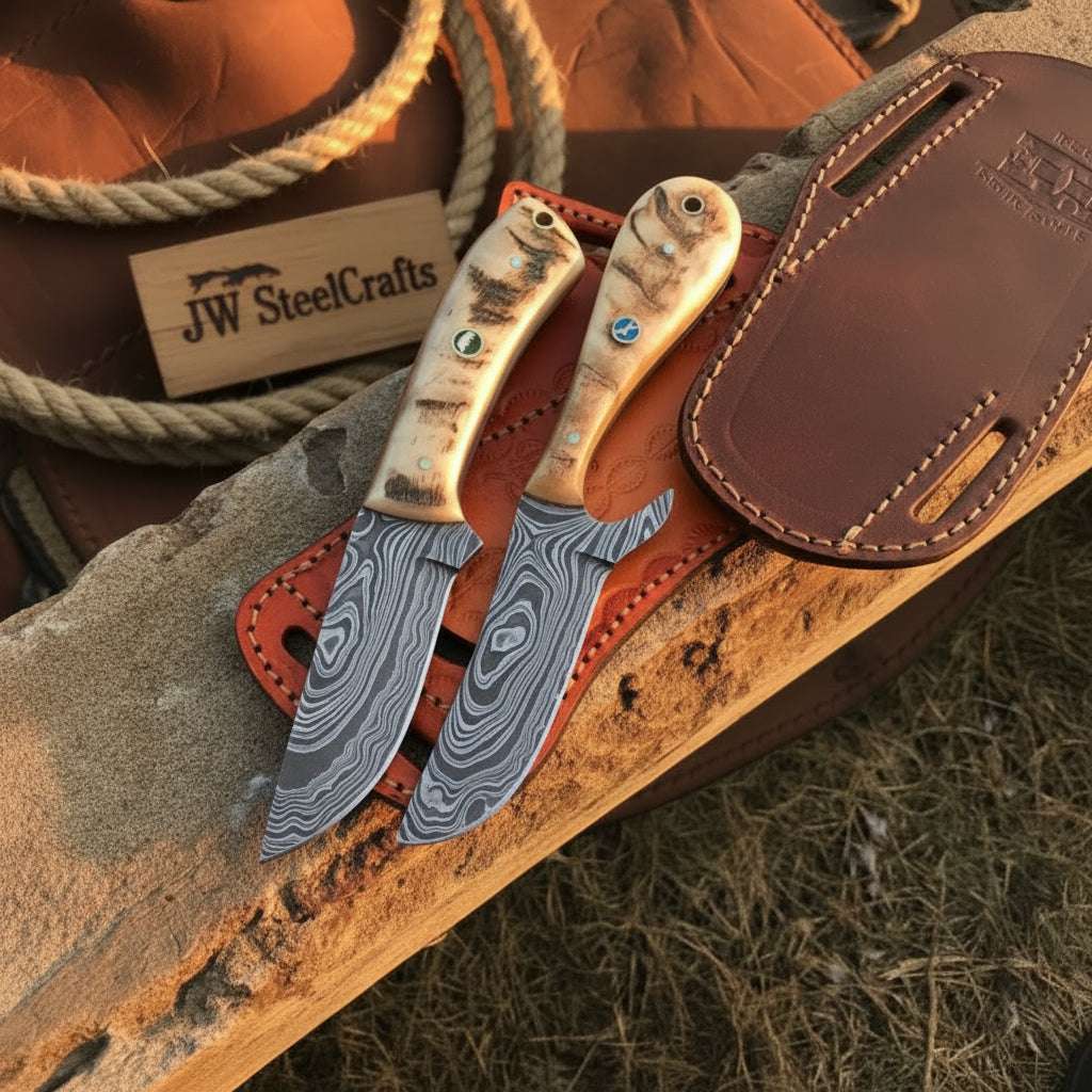 Palmarius Outdoors Turquoise Stag Skinner Duo 9" Handmade Damascus Natural Stag Horn Skinner Knife