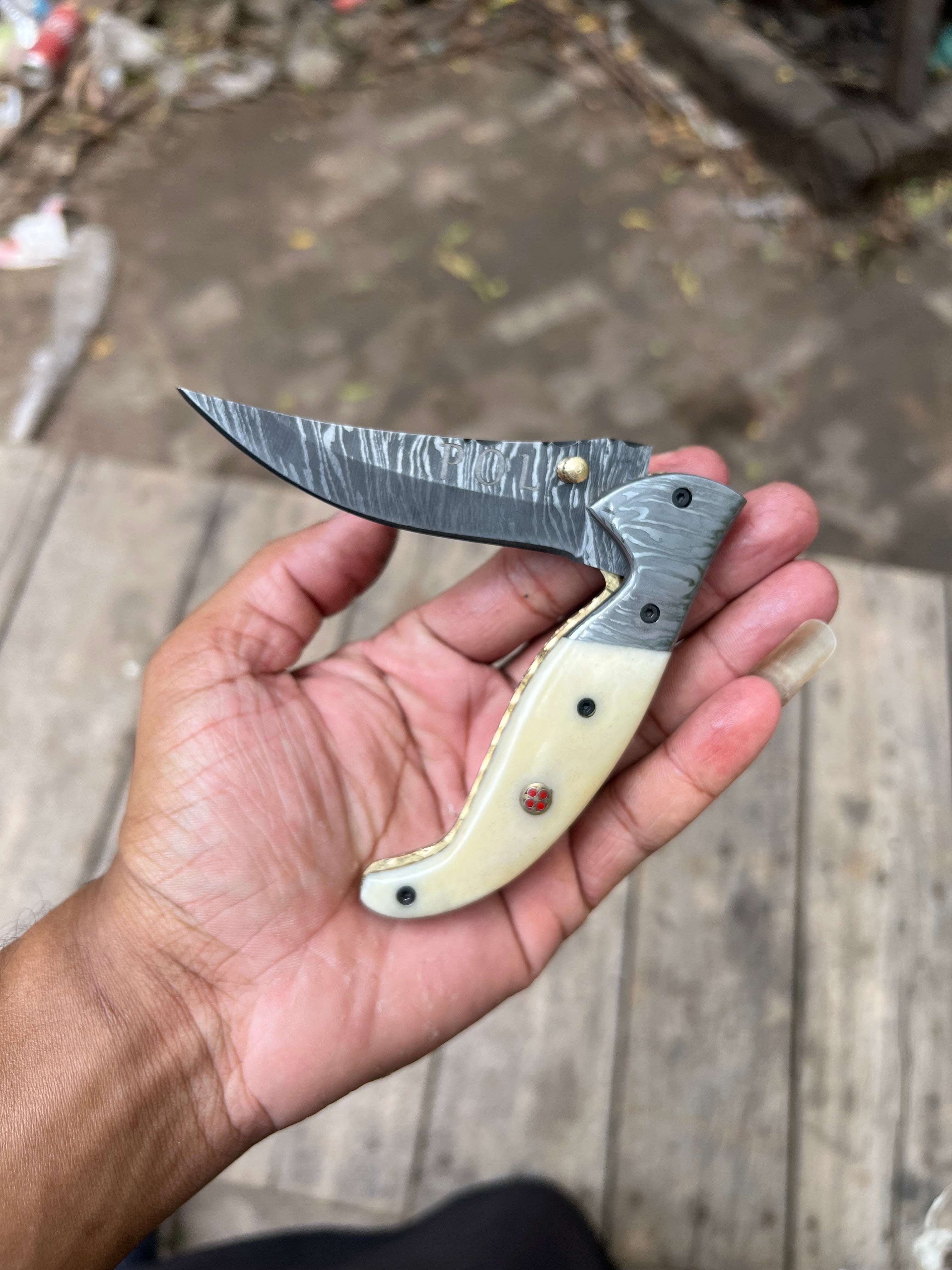 Palmarius Outdoors Frontrunner Camel Bone folding knife with Leather Sheath Liner Lock Folder