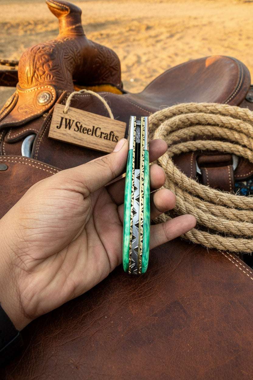 Palmarius Outdoors Jadeline Damascus Folder 7" Handmade Turquoise-Green Resin Handle Folding Knife