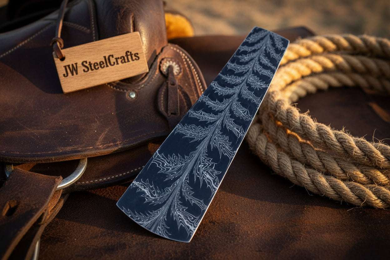 Palmarius Outdoors Frostleaf Damascus Billet 14" Handmade Feather Leaf Pattern Bullet bar