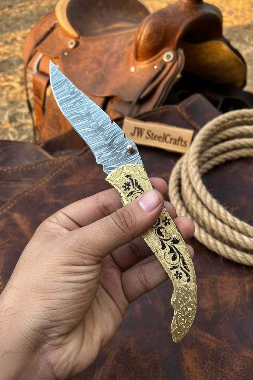 Palmarius Outdoors Calligraphy Engraved Brass Folder Knife 10" Handmade Damascus Blade Back Lock Folder