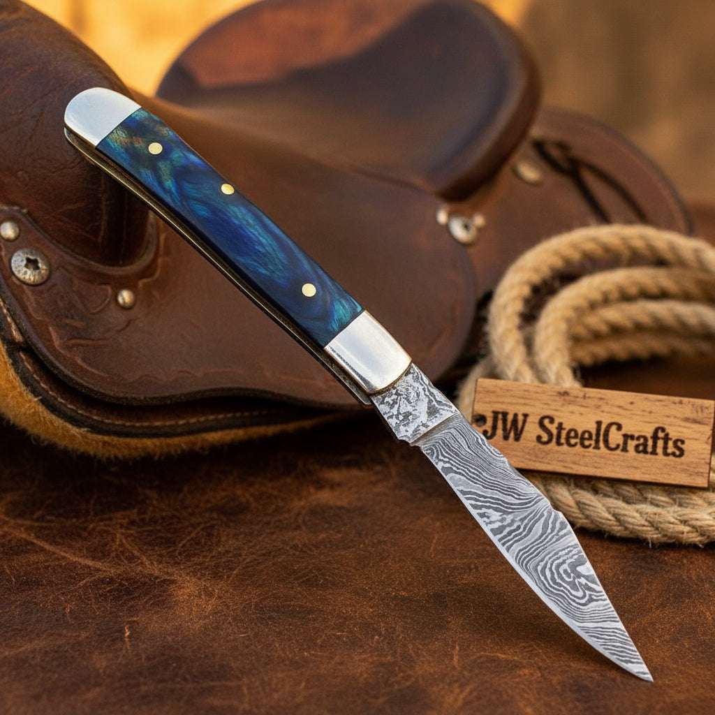 Palmarius Outdoors Custom Damascus Trapper Folding Knife – Blue Pakka Wood Trapper Knives