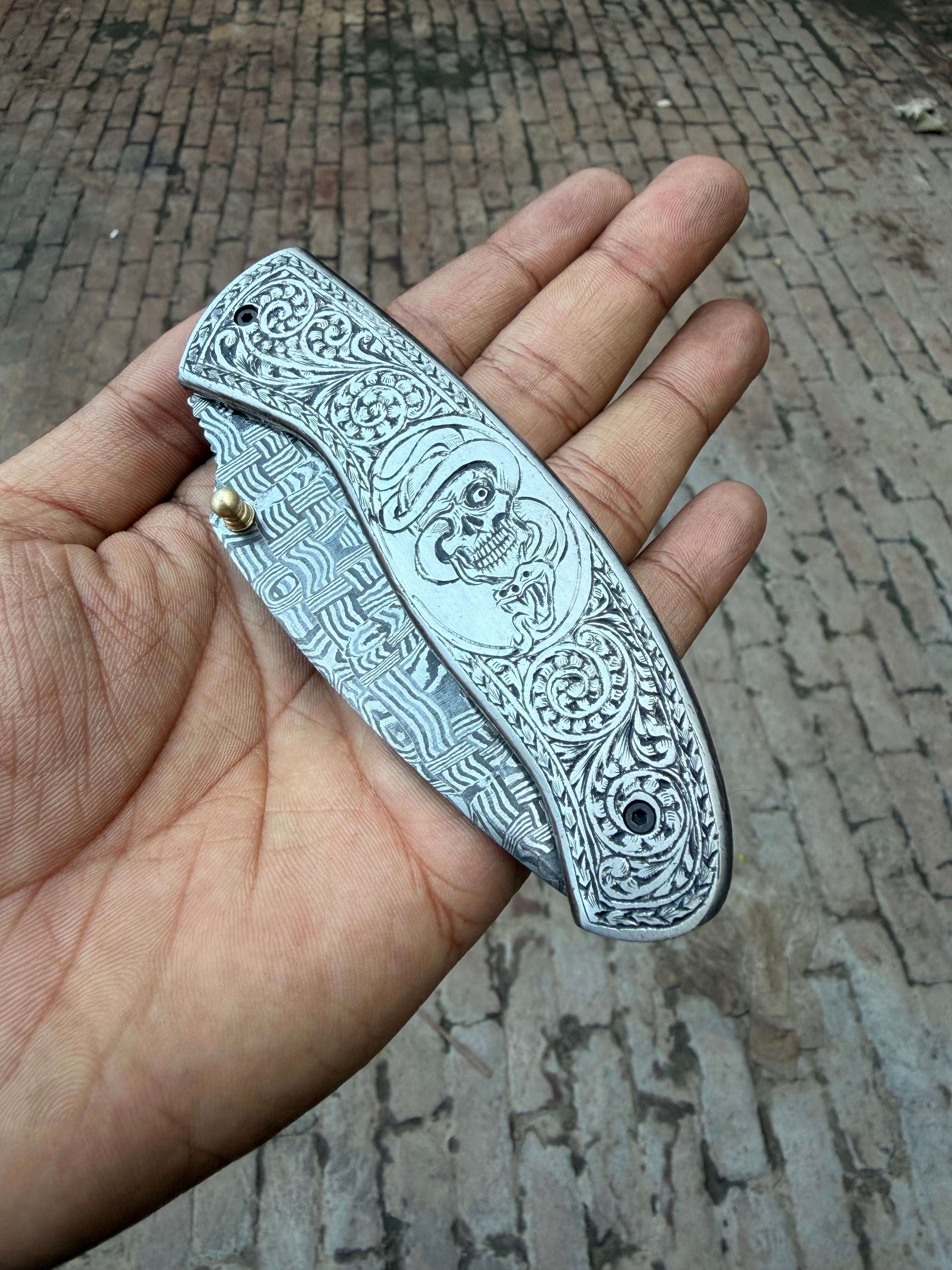Palmarius Outdoors Obsidian Mosaic Folder Knife 8" Handmade Damascus Liner Lock Liner Lock Folder