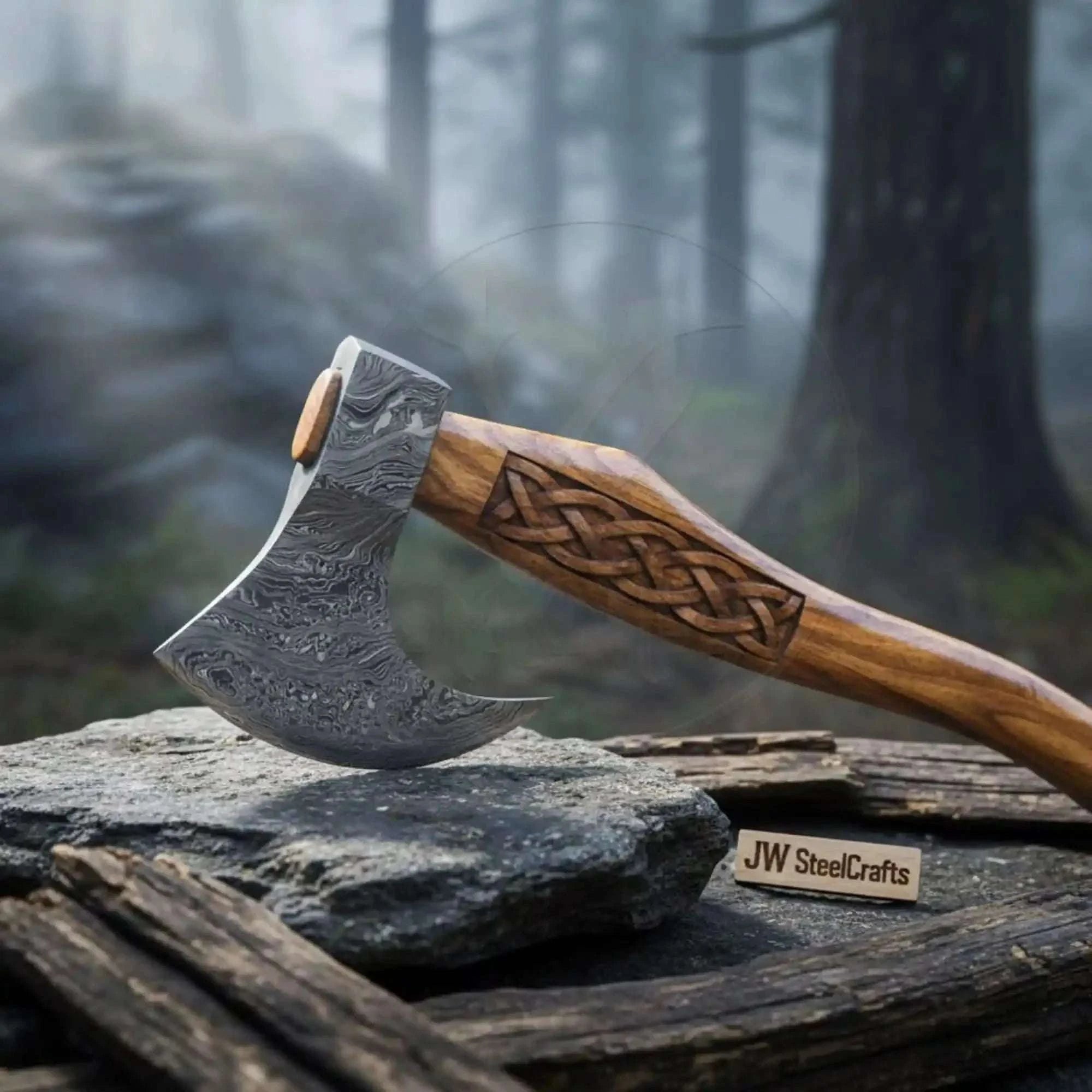 Palmarius Outdoors Fellmark Steel Camp Axe with Carved Nordic Knotwork Rosewood Handle Handmade Axe