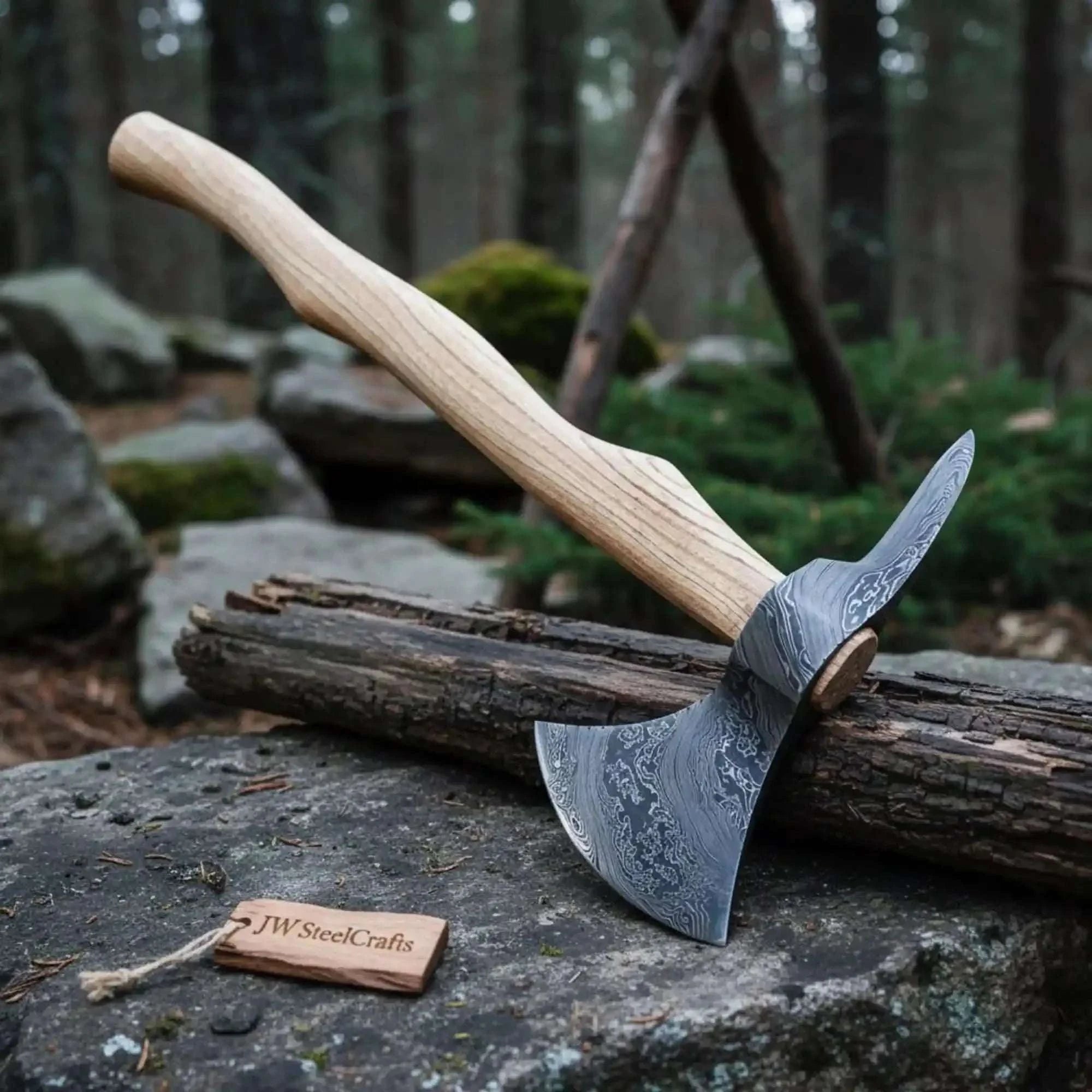 Palmarius Outdoors Damascus Camping Axe with 22 Inch Ash Handle – Hand Forged Bushcraft Axe with Leather Sheath | JW SteelCrafts Handmade Axe