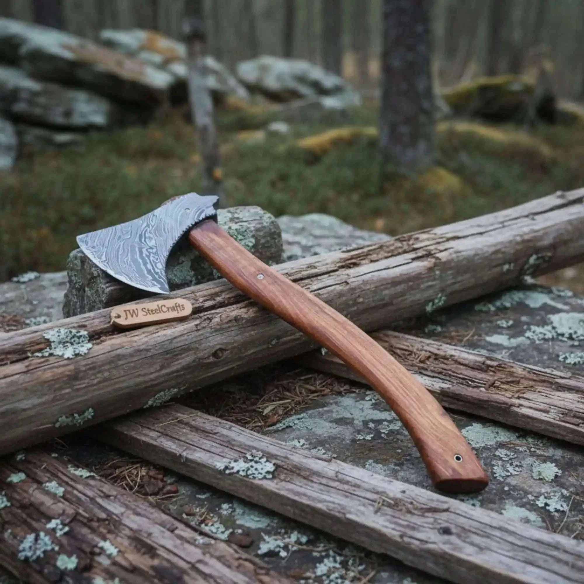 Palmarius Outdoors Hand Forged Bushcraft Chopping Axe, Damascus Blade + Ergonomic Curved Handle Handmade Axe