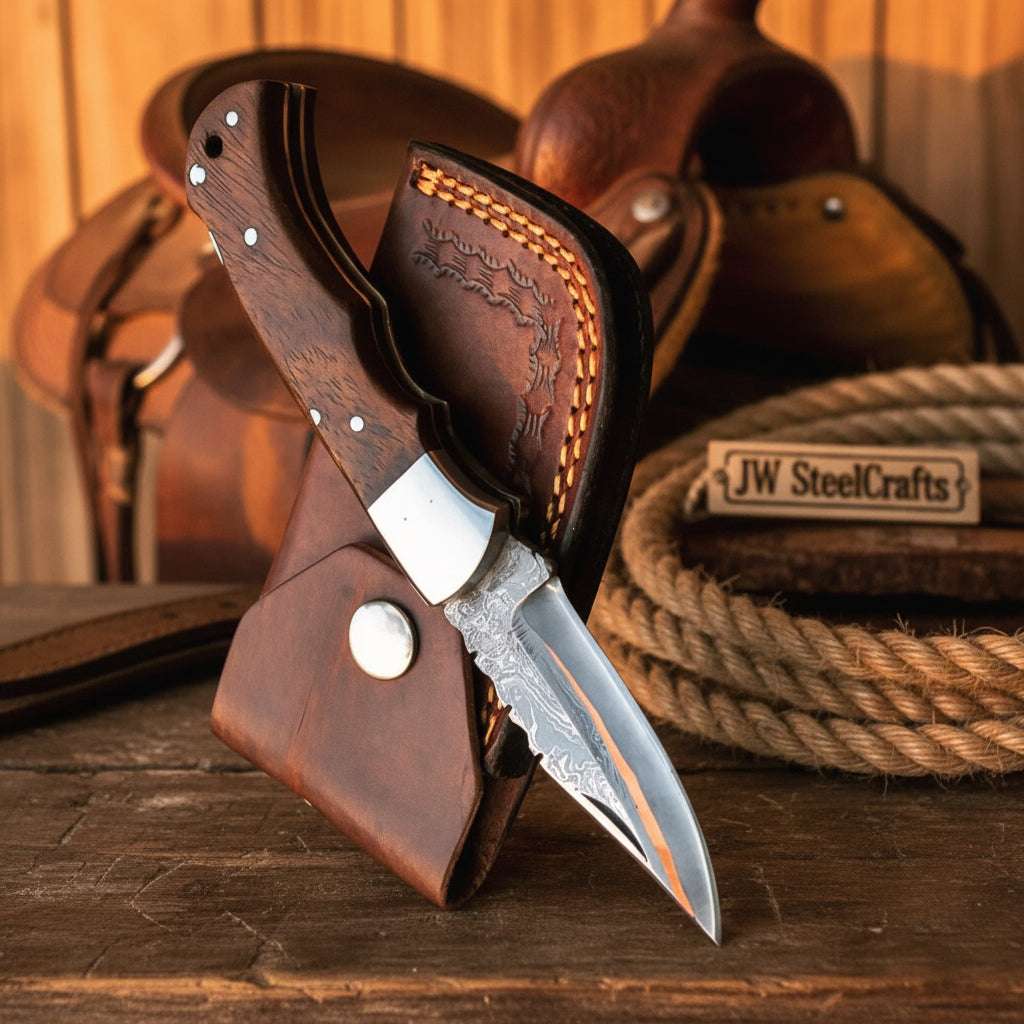 Palmarius Outdoors Saddle Ridge Folding Hunter Knife 8" Handmade Damascus Liner Lock Liner Lock Folder