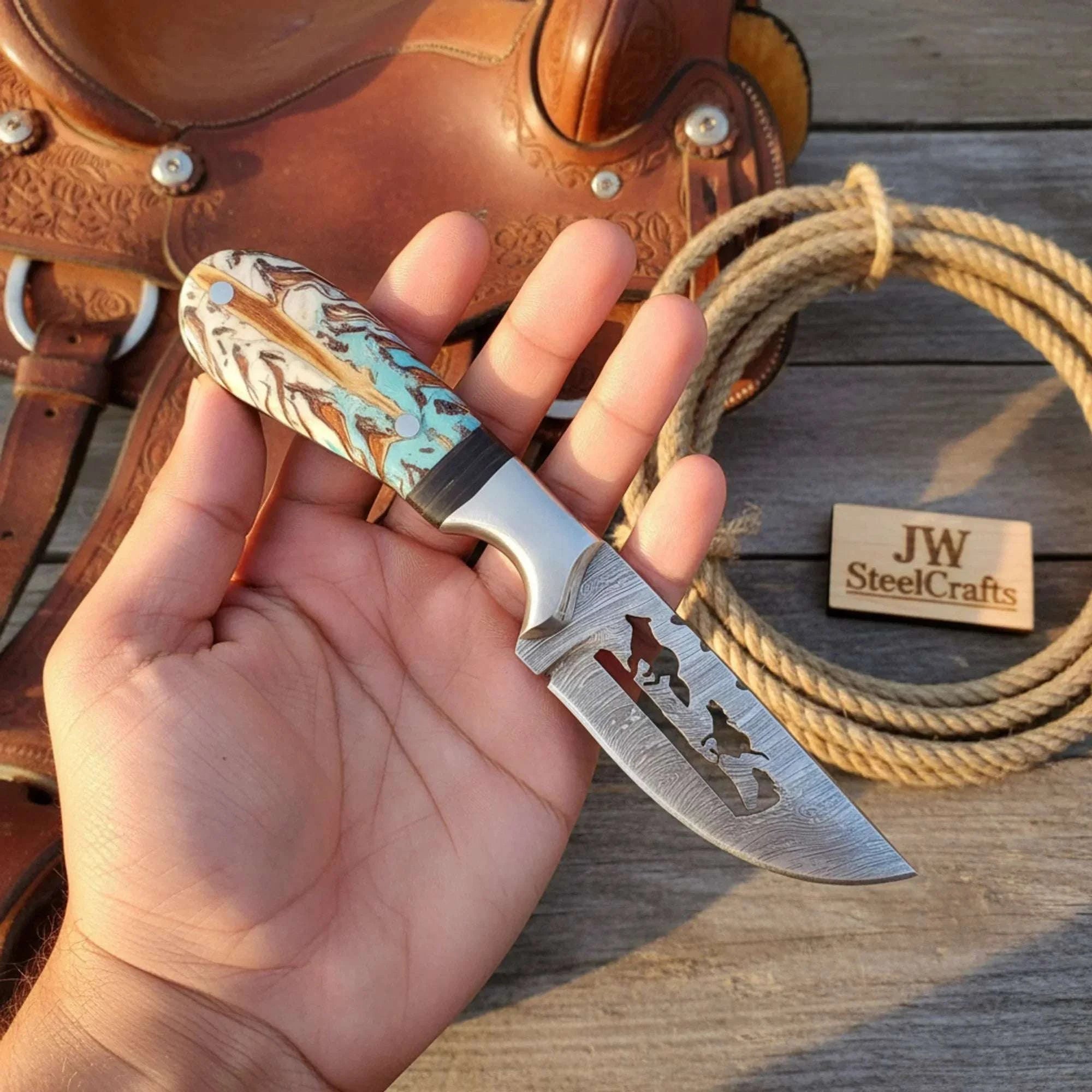 Palmarius Outdoors Full Tang Fixed Blade Hunting Knife 7" Resin Handle Steel Bolster Engraved Skinner
