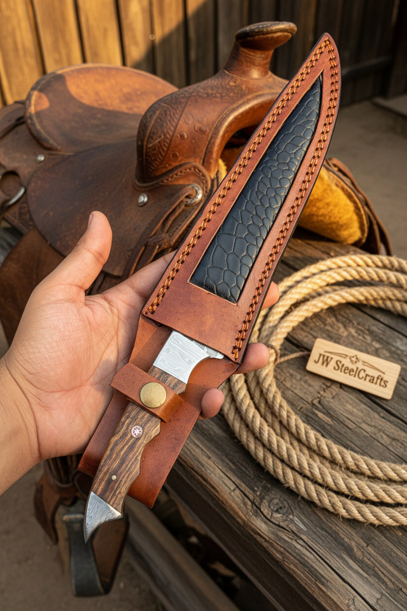 Handmade 13 Inch Overall Damascus Steel Fillet Knife – Full Tang Fishing Knife with Hardwood Handle and Leather Sheath.