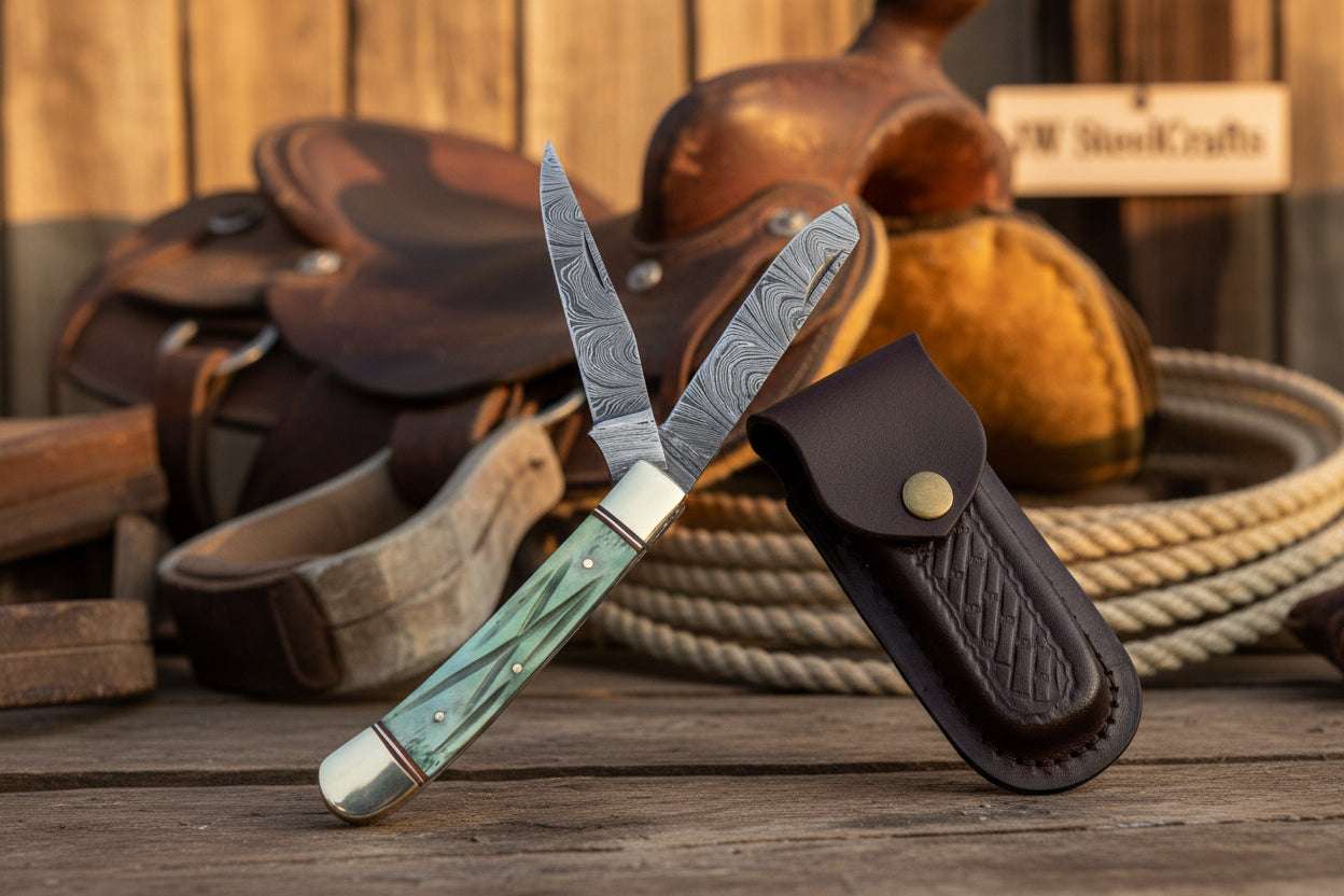 Palmarius Outdoors Damascus Trapper Pocket Knife – Two Blade Folding Knife with Green Bone Handle Folding Knife