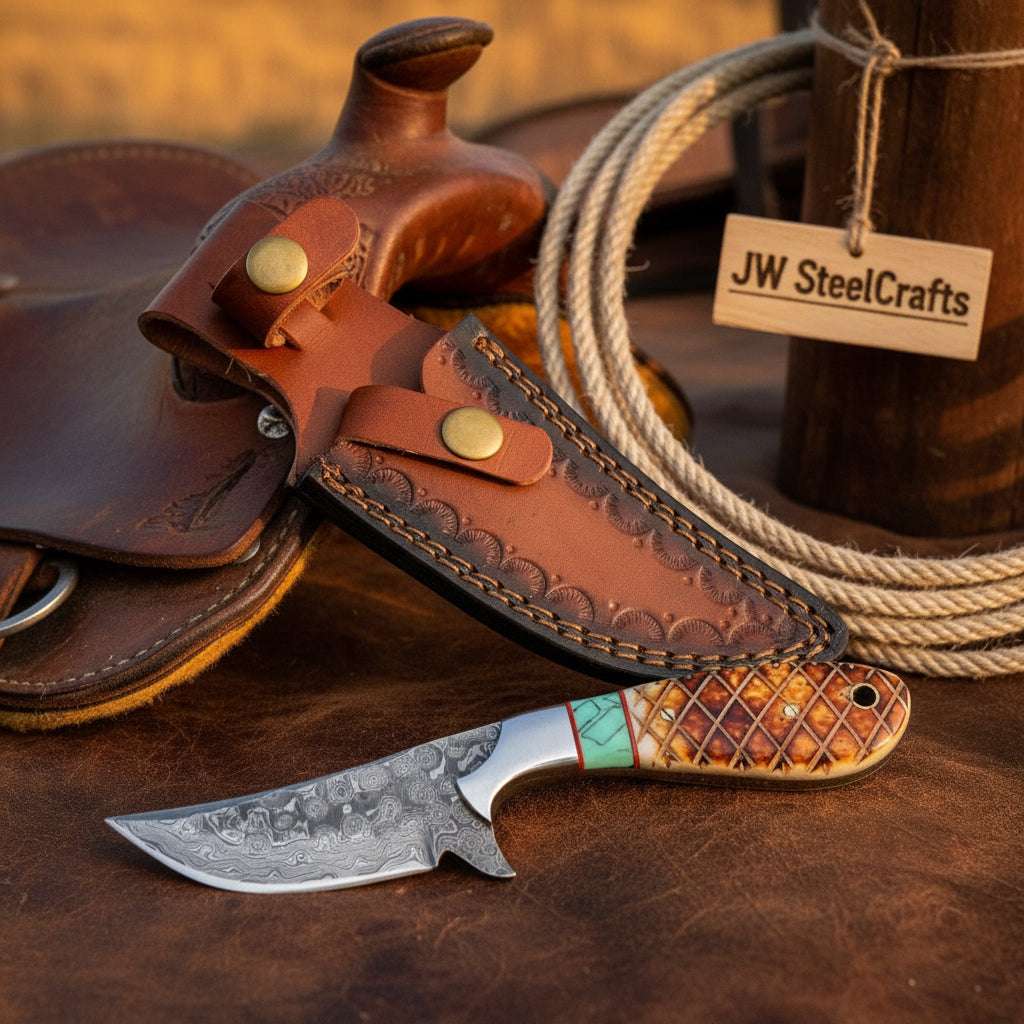 Palmarius Outdoors Turquoise Inlay Skinner Knife 9" Handmade Damascus with Turquoise Inlay Skinner Knife