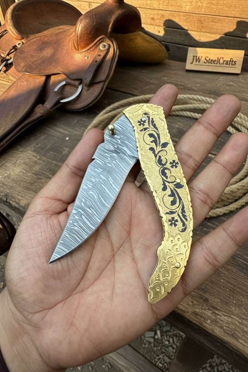 Palmarius Outdoors Calligraphy Engraved Brass Folder Knife 10" Handmade Damascus Blade Back Lock Folder