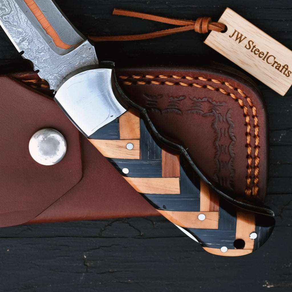 Palmarius Outdoors Timberline Trapper Skinner Knife Handmade Damascus Liner Lock wood handle Folding Knife
