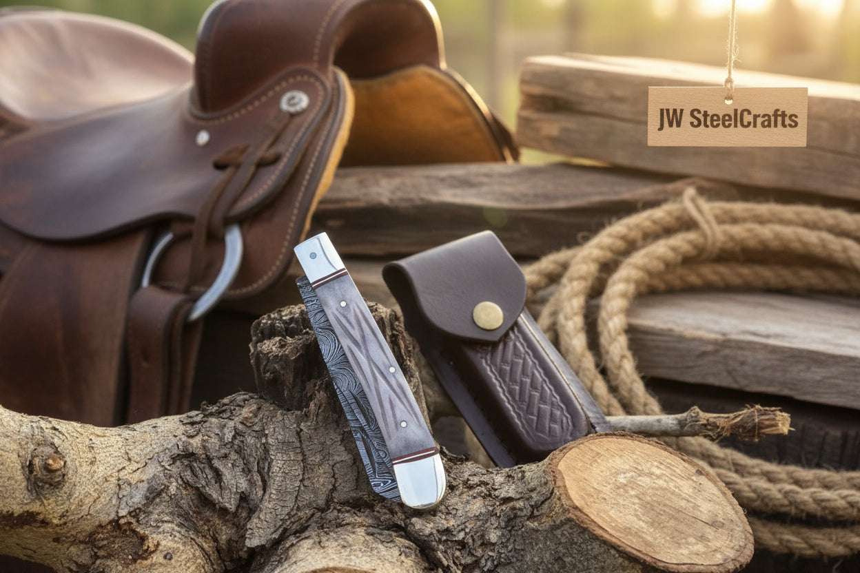 Palmarius Outdoors Damascus Steel Trapper Knife 4" with Bone Handle, Folding Pocket Knife
