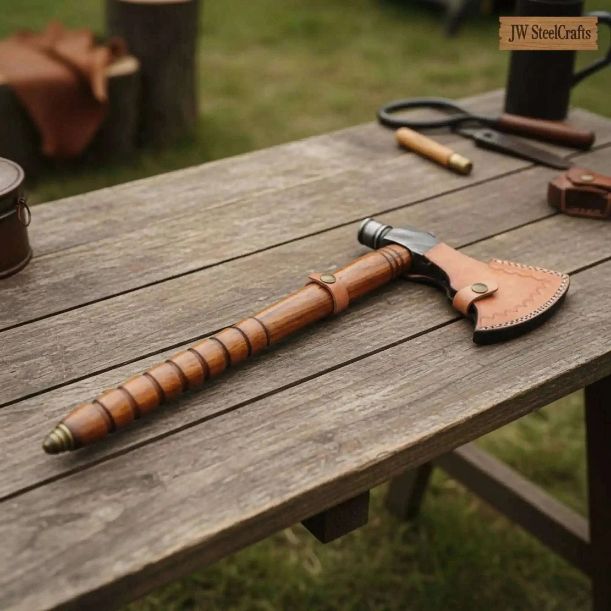 Palmarius Outdoors Damascus Pipe Axe 19 Inch Ash Wood Handle | Hand Forged Tomahawk Smoking Axe | JW SteelCrafts Handmade Axe