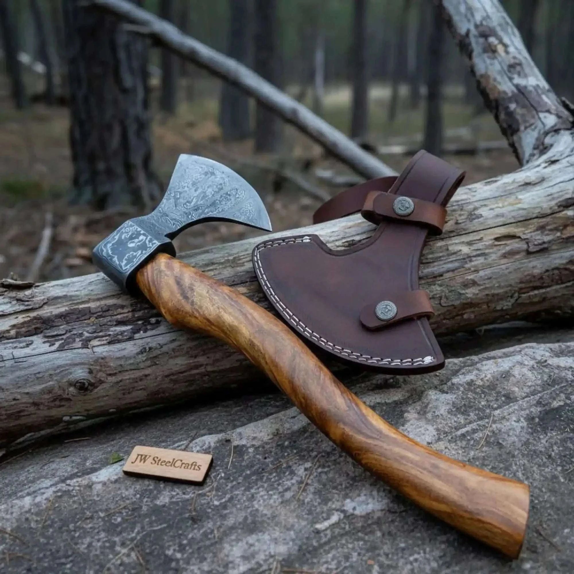 Palmarius Outdoors Nordic Damascus Camp Hatchet with Ergonomic Curved Hardwood Handle Handmade Axe