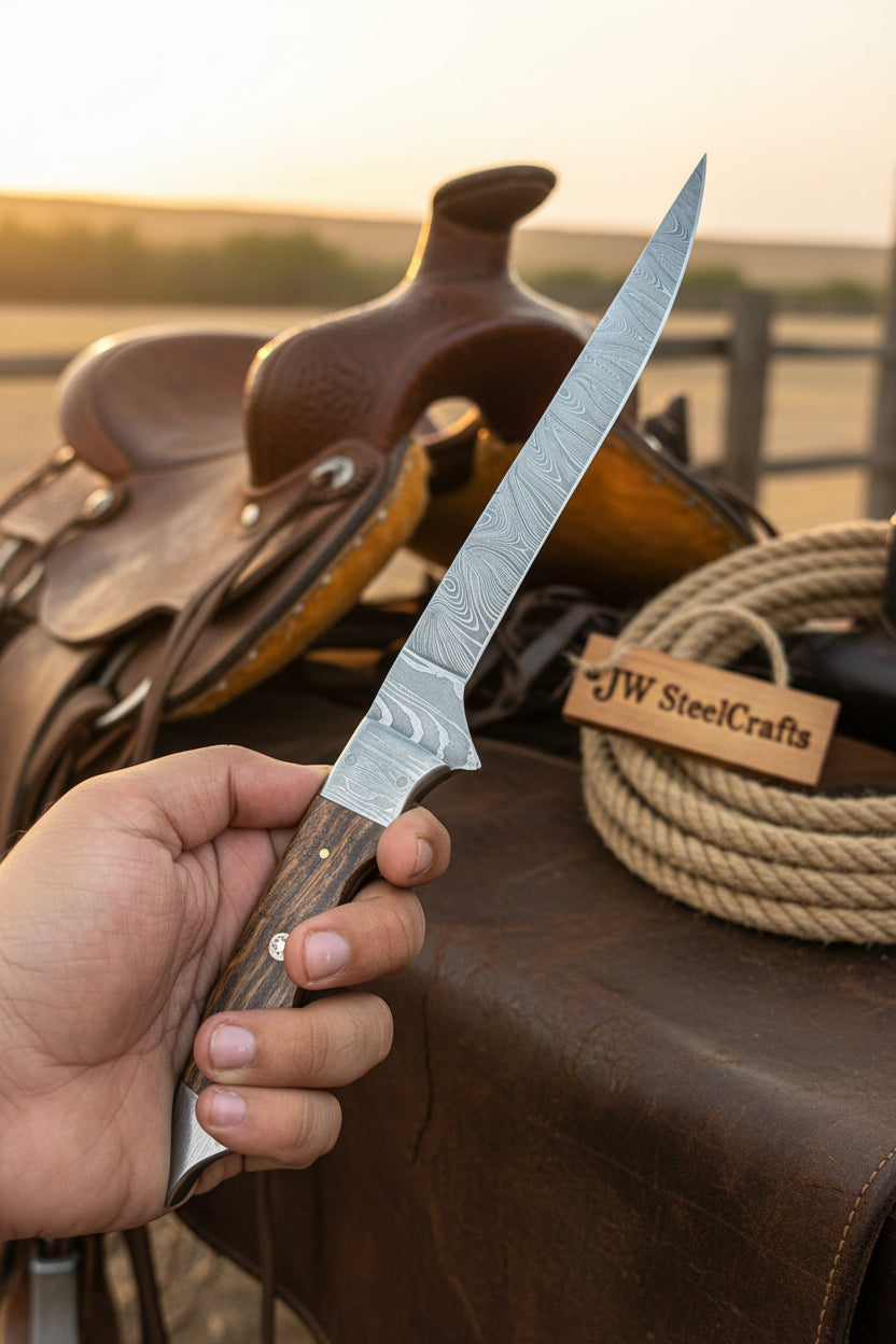 Handmade 13 Inch Overall Damascus Steel Fillet Knife – Full Tang Fishing Knife with Hardwood Handle and Leather Sheath.