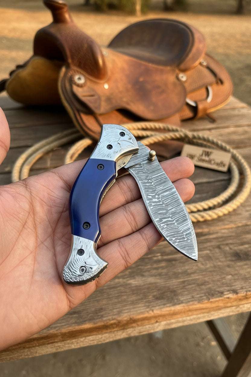 Palmarius Outdoors Silverline Ridge Curved Folder Knife 8" Handmade Damascus Steel Resin Handle Folding Knife