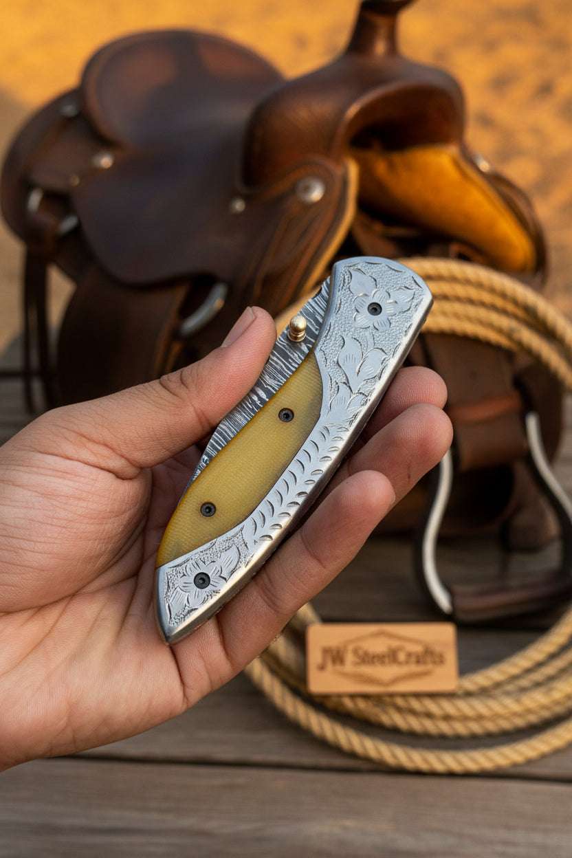Palmarius Outdoors Boneridge Damascus Folder 7" Premium Bone Handle with Damascus Bolster Folding Knife