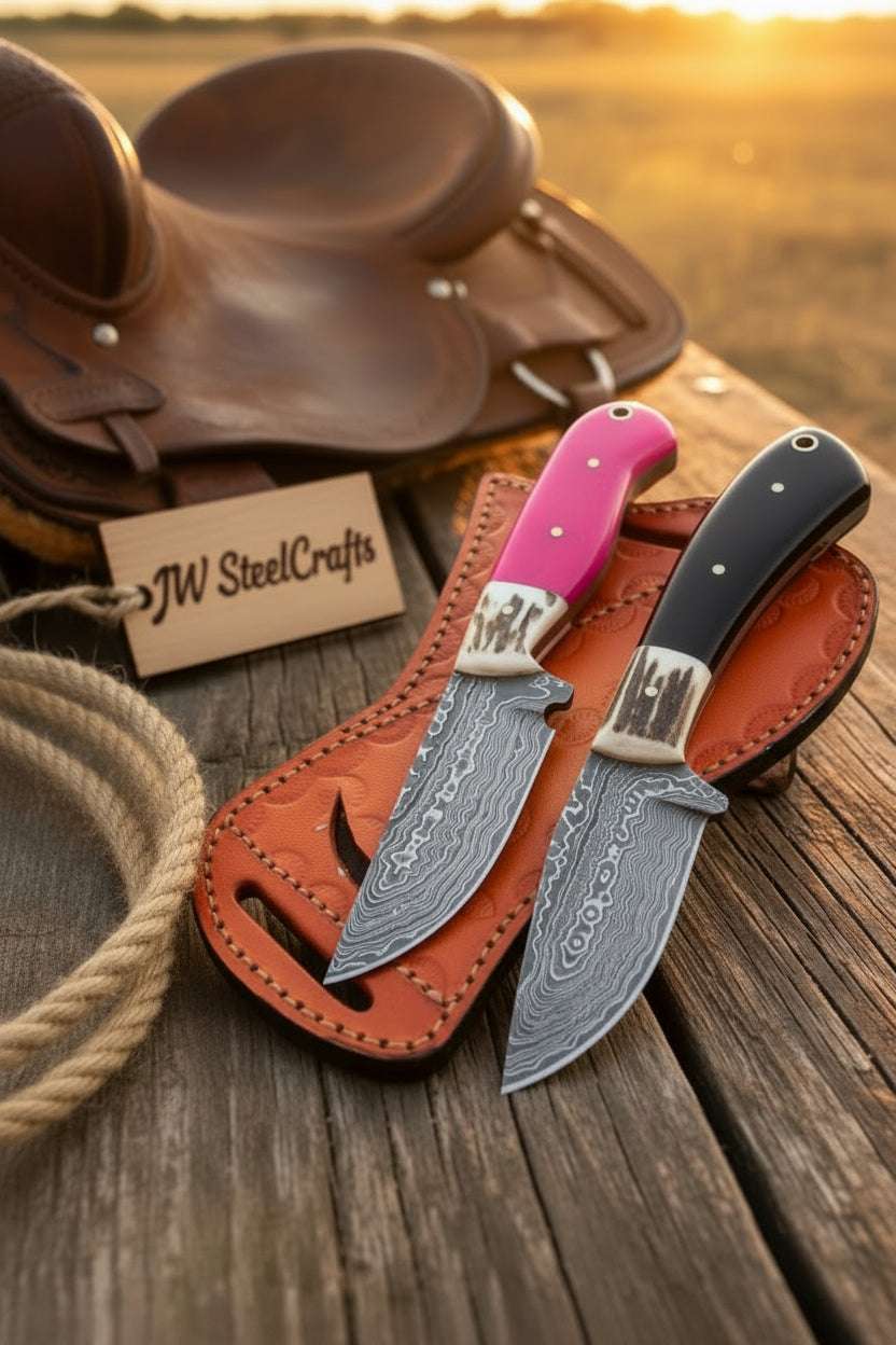 Palmarius Outdoors Rosewood Ridge Skinner Duo 9" Handmade Damascus Pink & Black Resin Skinner Knife