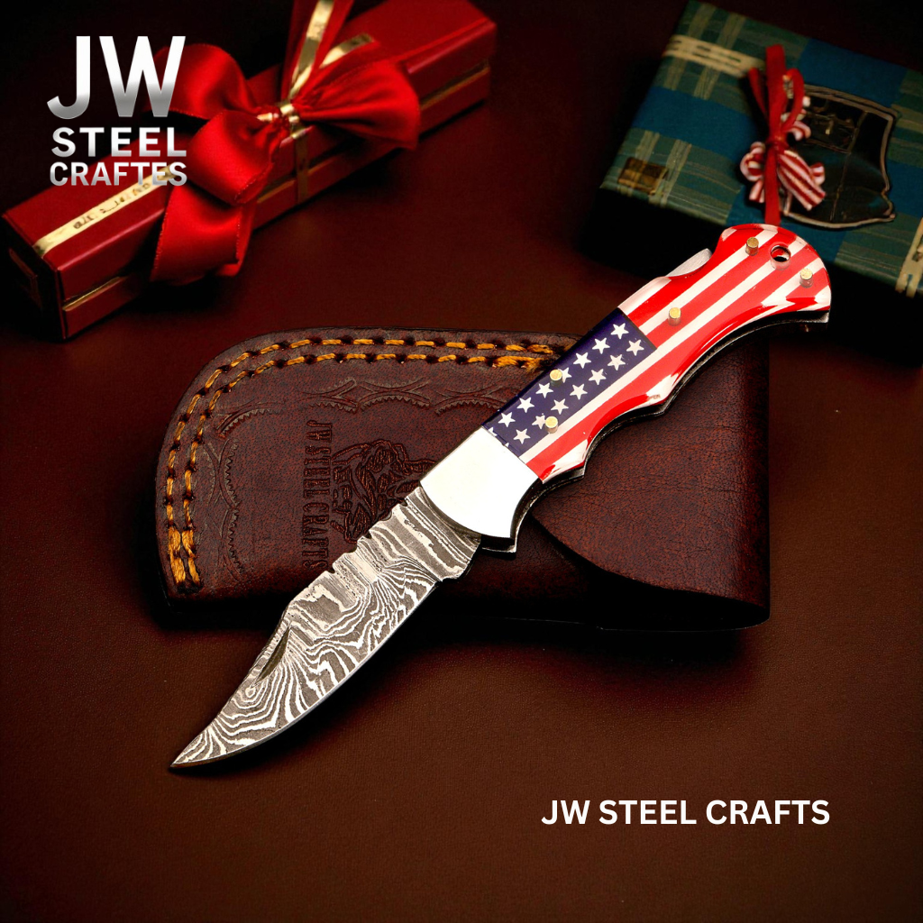 American Flag Damascus Folding Hunter with Ram Horn Handle