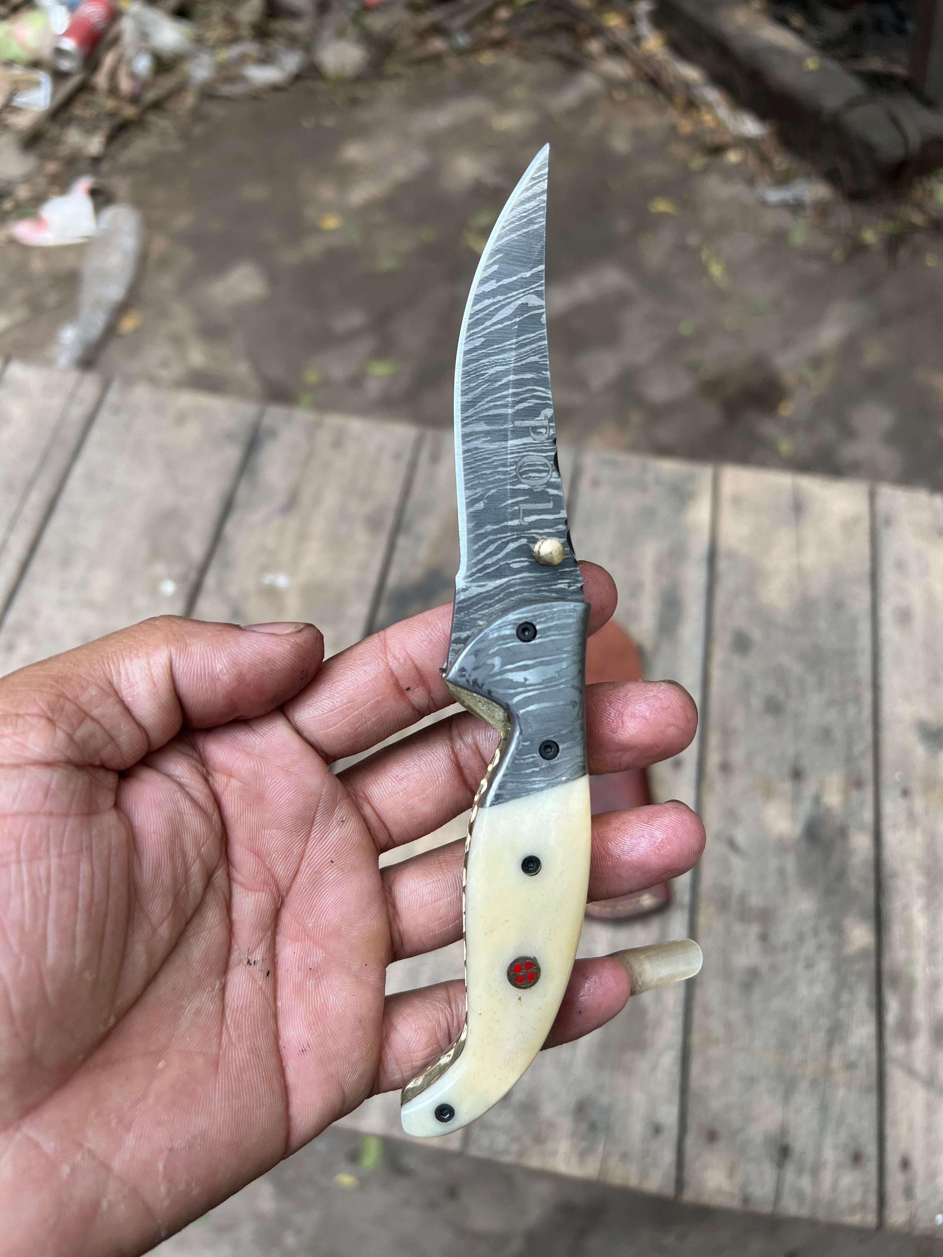 Palmarius Outdoors Frontrunner Camel Bone folding knife with Leather Sheath Liner Lock Folder