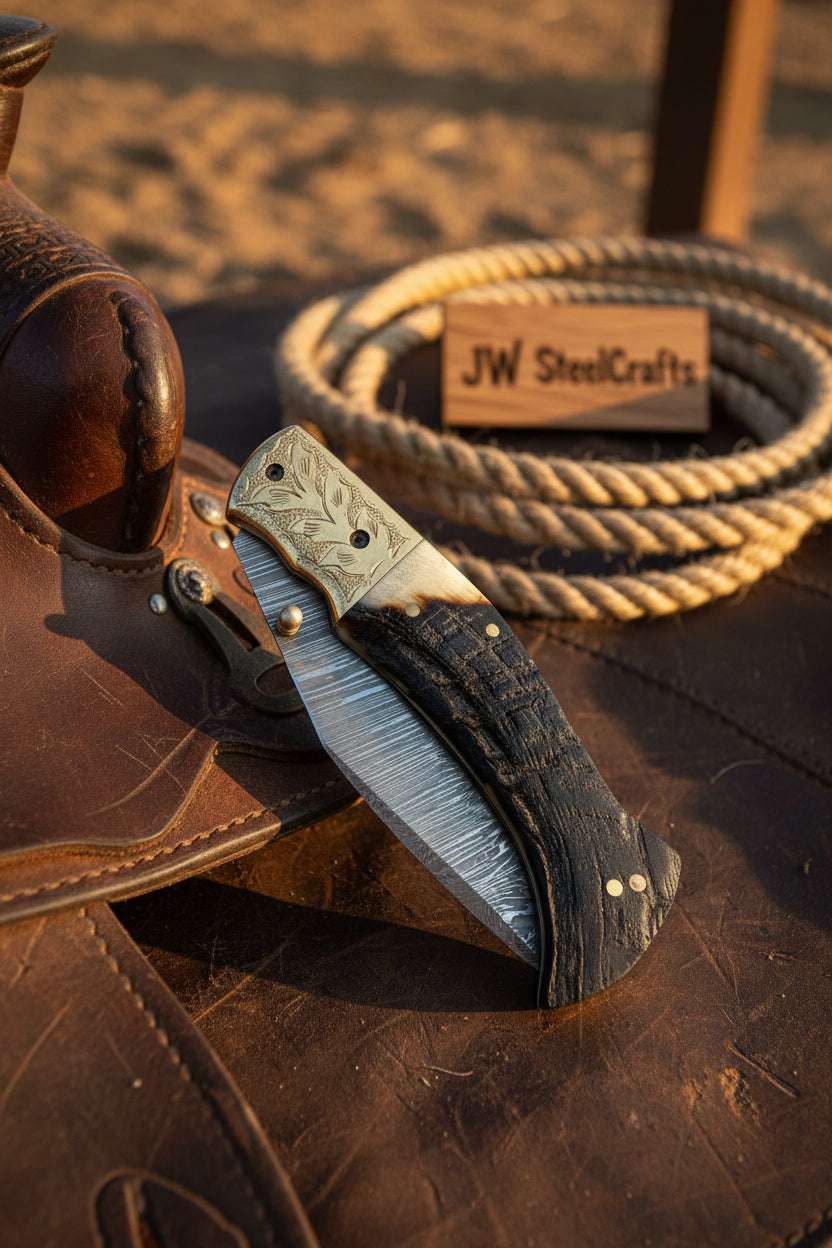 Palmarius Outdoors Stagline Damascus Folder 7" Handmade Horn Handle Damascus Bolster Folding Knife