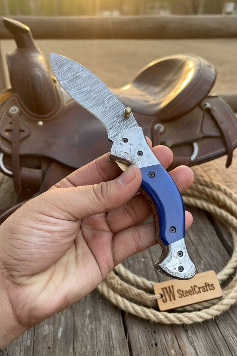 Palmarius Outdoors Silverline Ridge Curved Folder Knife 8" Handmade Damascus Steel Resin Handle Folding Knife