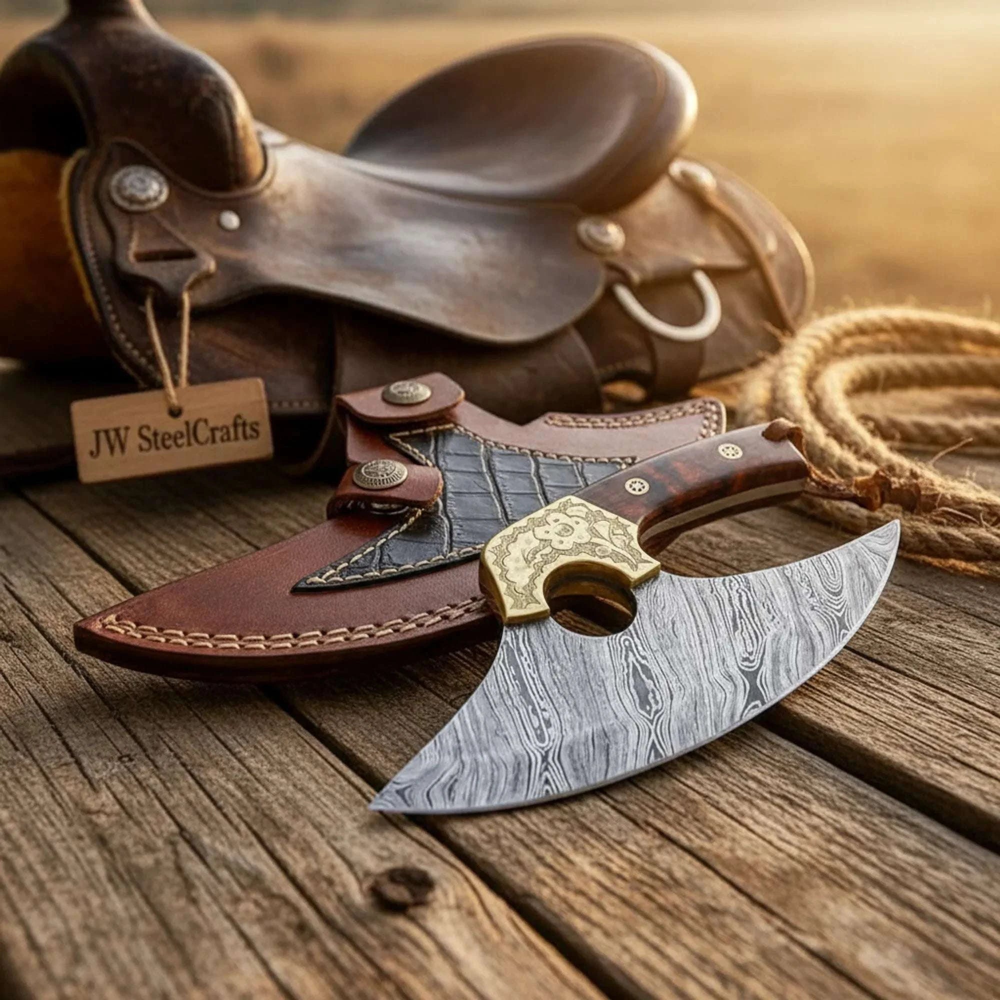 Palmarius Outdoors Homestead Ulu Knife 6" Damascus Steel Rocker Blade, Brass Bolster & Sheath Ulu knife