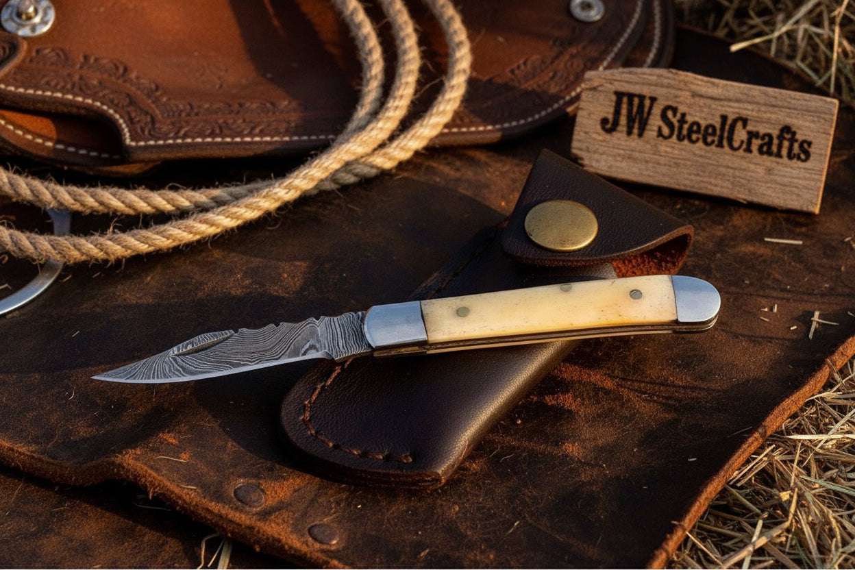 Palmarius Outdoors Handmade Damascus Steel Folding Pocket Trapper Knife 4"with Bone Handle Trapper Knives