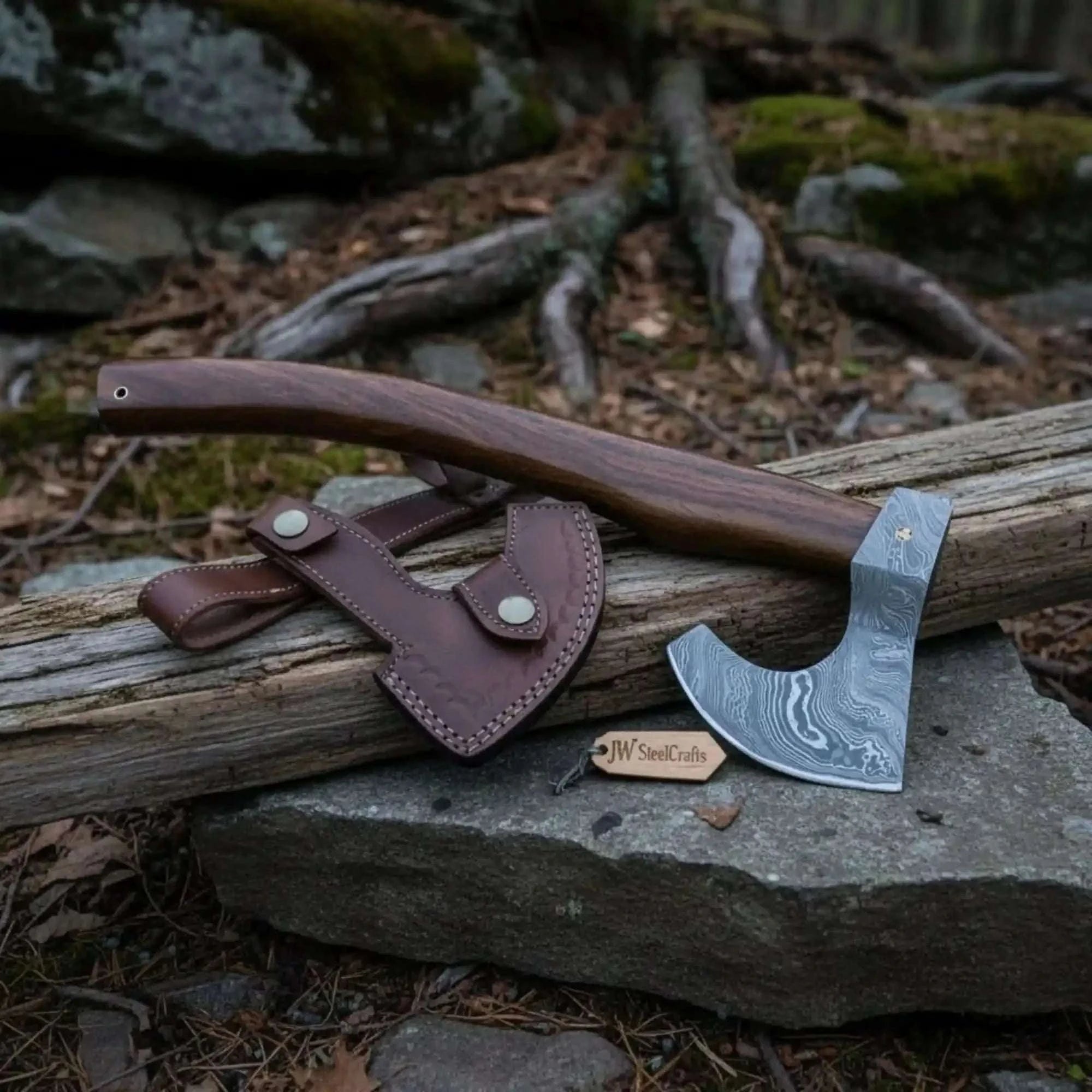 Palmarius Outdoors Vornska Damascus Bushcraft Hatchet with Hooked Bearded Head Handmade Axe