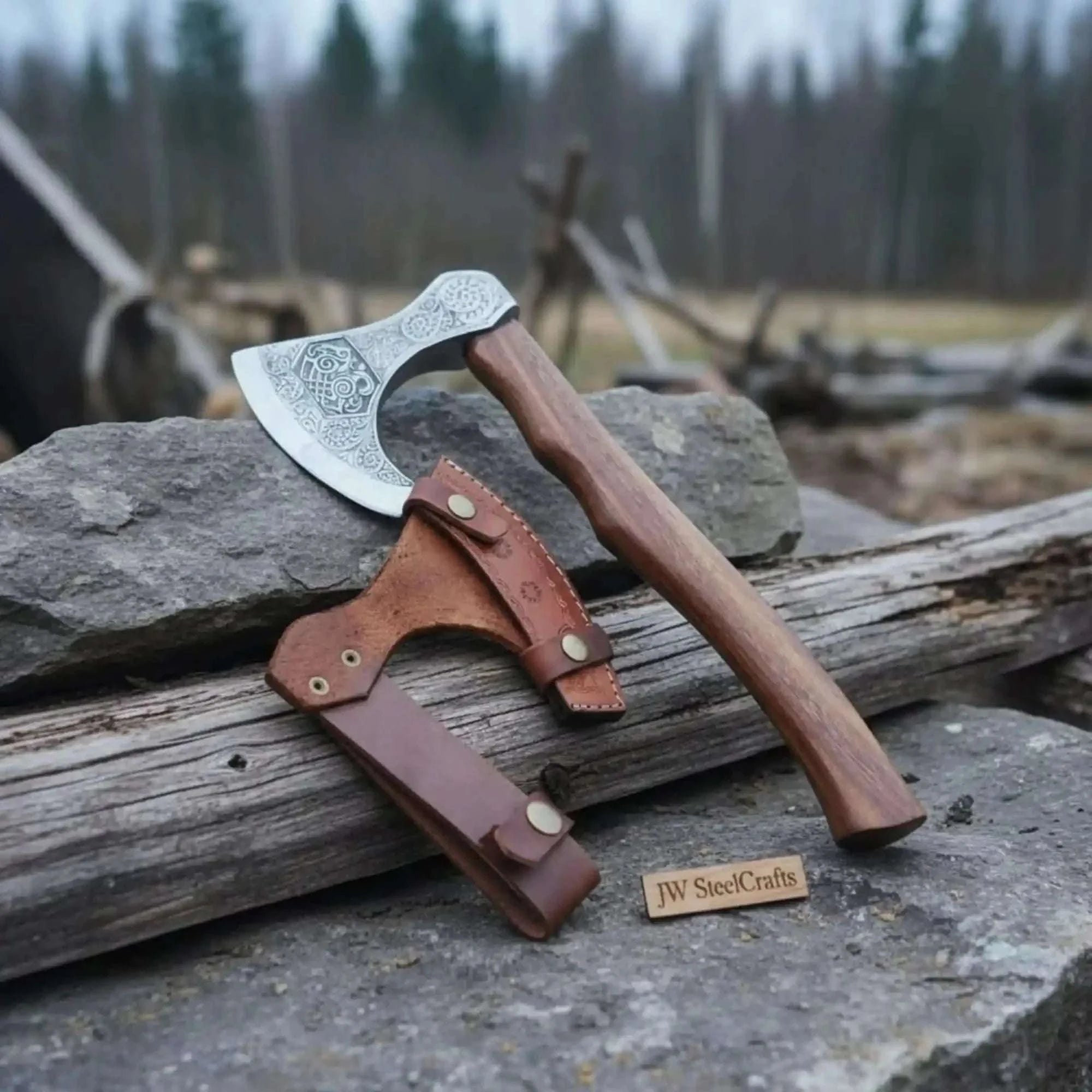 Palmarius Outdoors Norse Pattern Acid Etched Bushcraft Belt Viking Bearded Axe with Leather Carry Sheath Handmade Axe