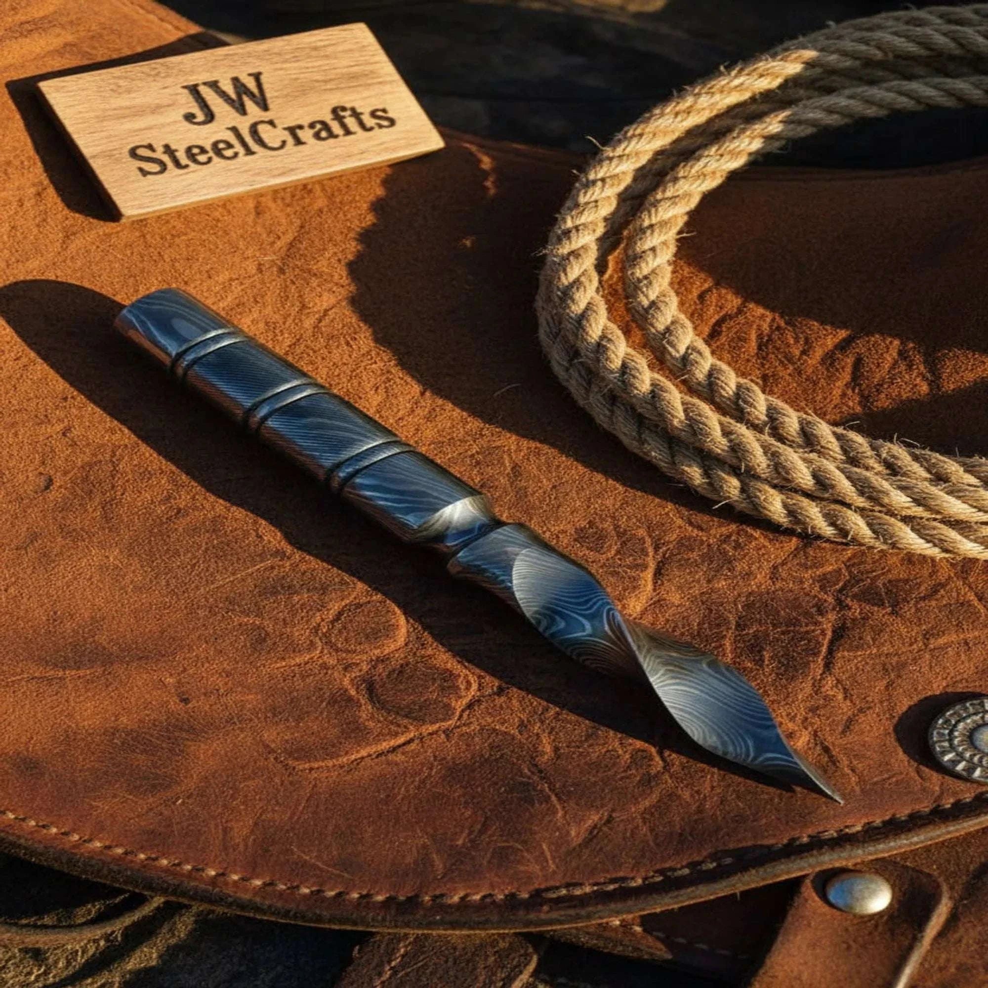 Palmarius Outdoors Damascus Tri-Edge Cyclone Dagger with Spiral Blue Patina Blade armor