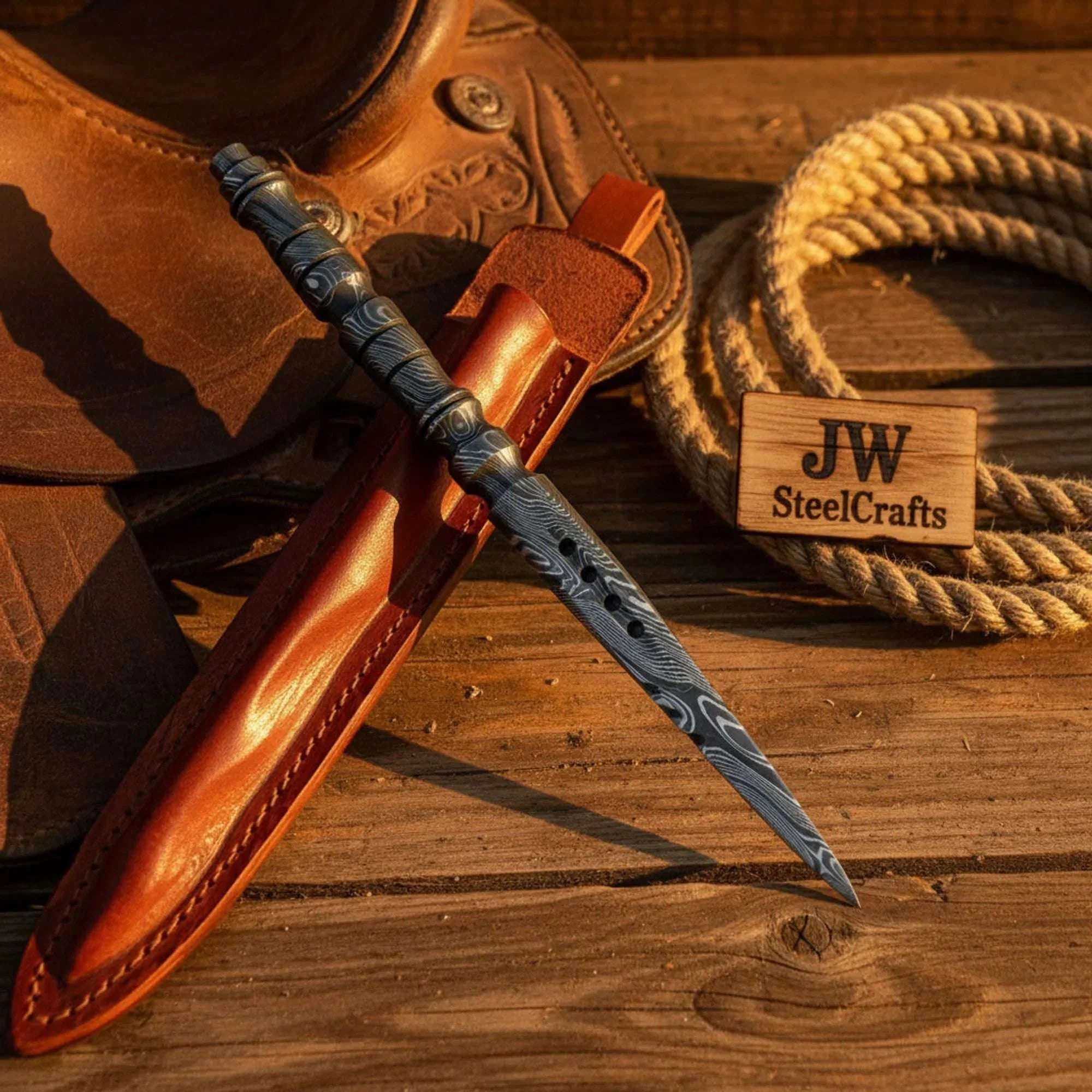 Palmarius Outdoors Damascus Steel Marlin Spike with Twin Rigging Holes Bullet bar