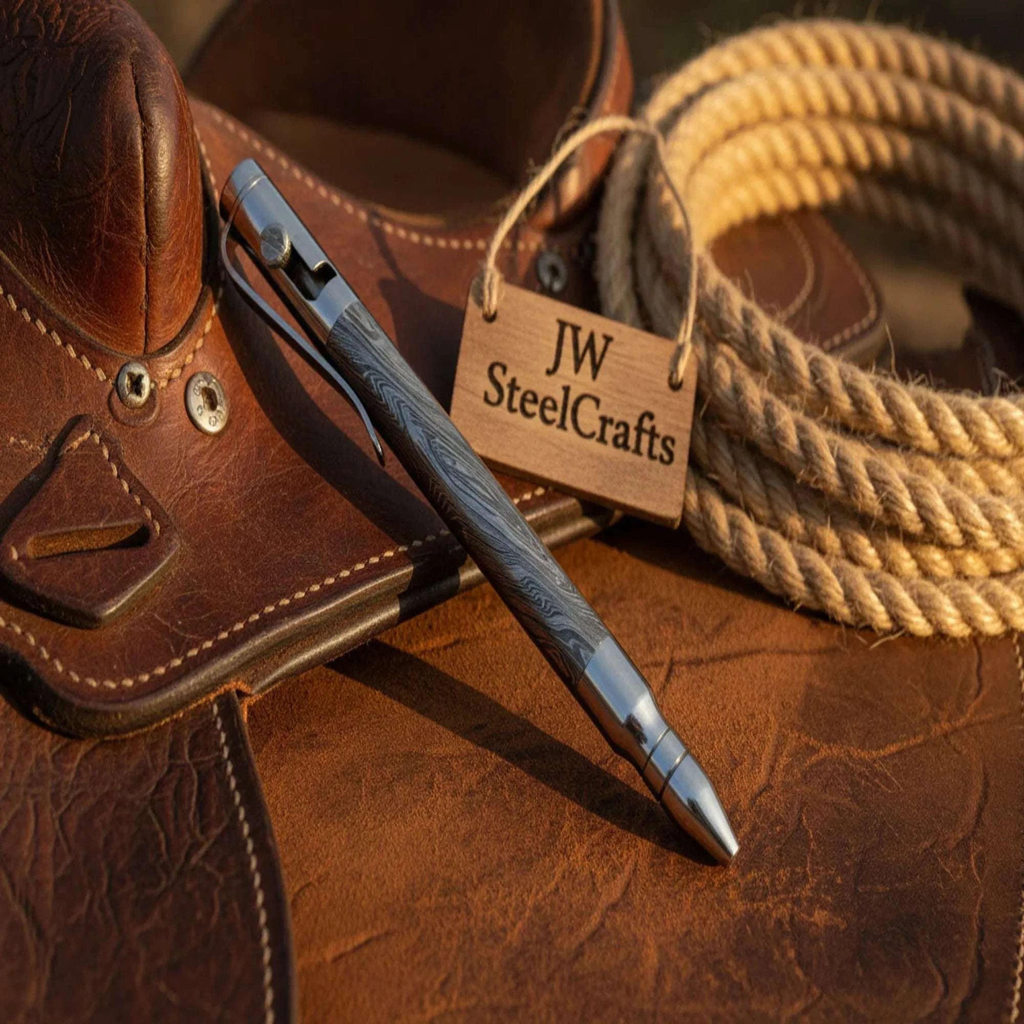 Palmarius Outdoors Chrome Bolt Action Damascus Pen with Dark Forged Barrel Damascus Pen