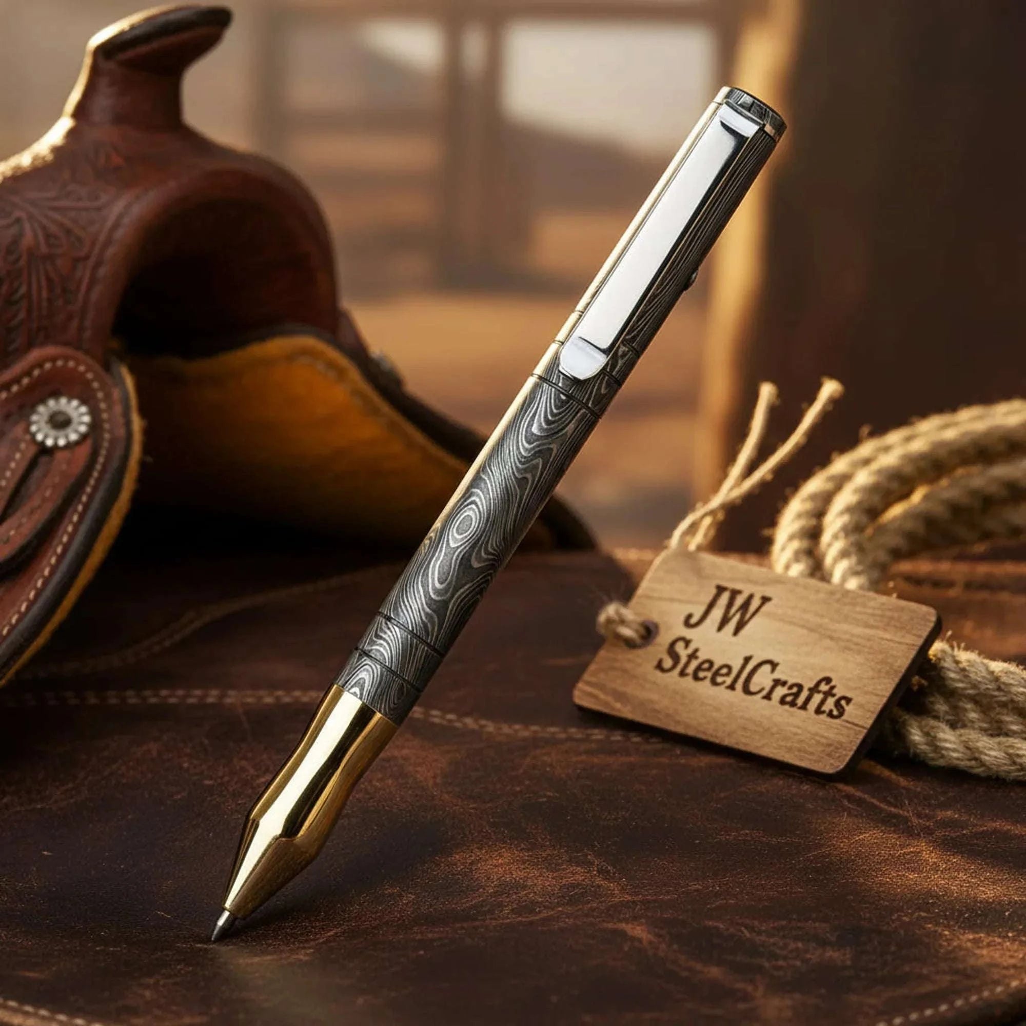 Palmarius Outdoors Damascus Twist Executive Pen with Wood Grain Barrel